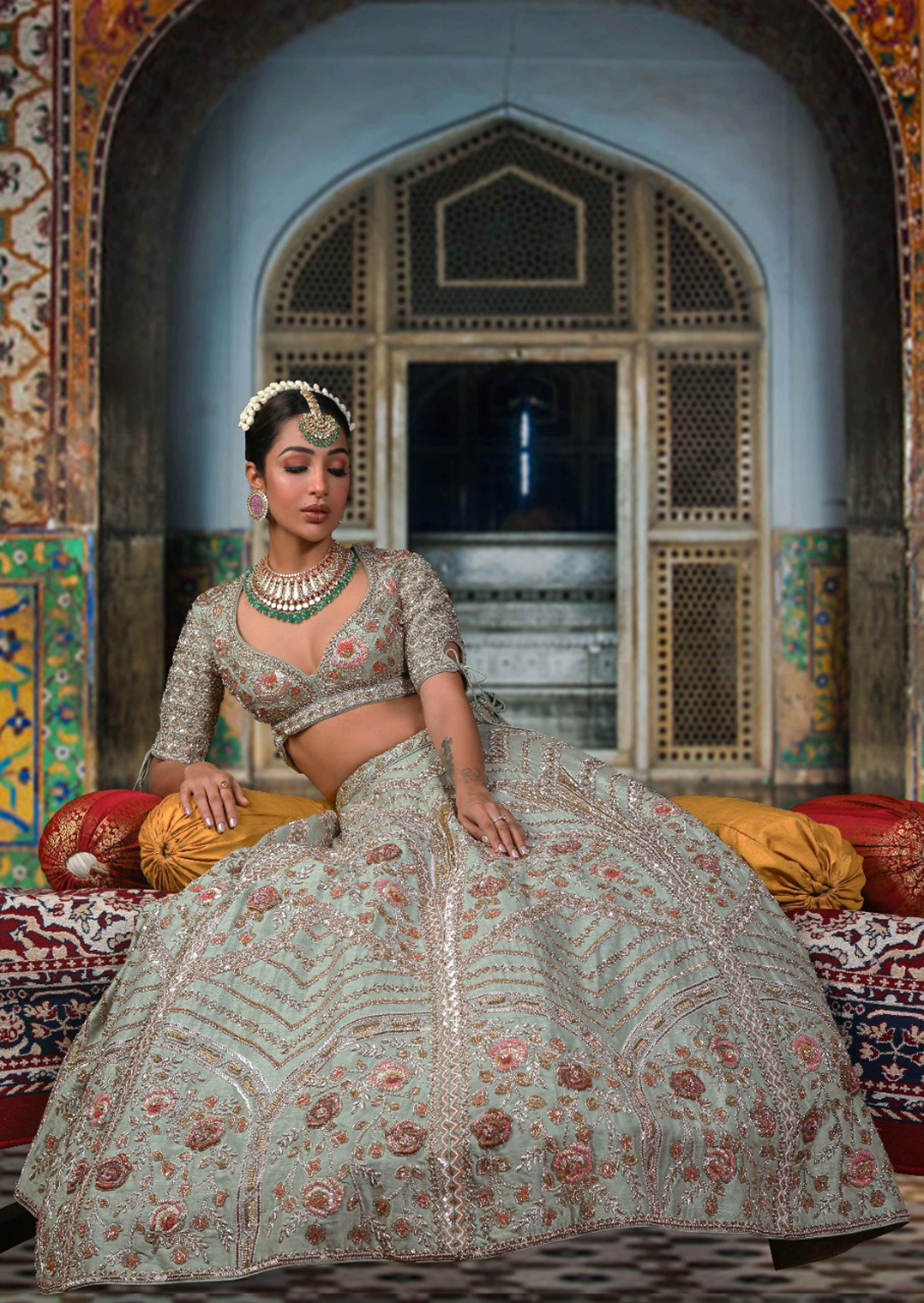 Bindani by Jigar & Nikita - Pistachio Green Hand Embroidered Lehenga Set