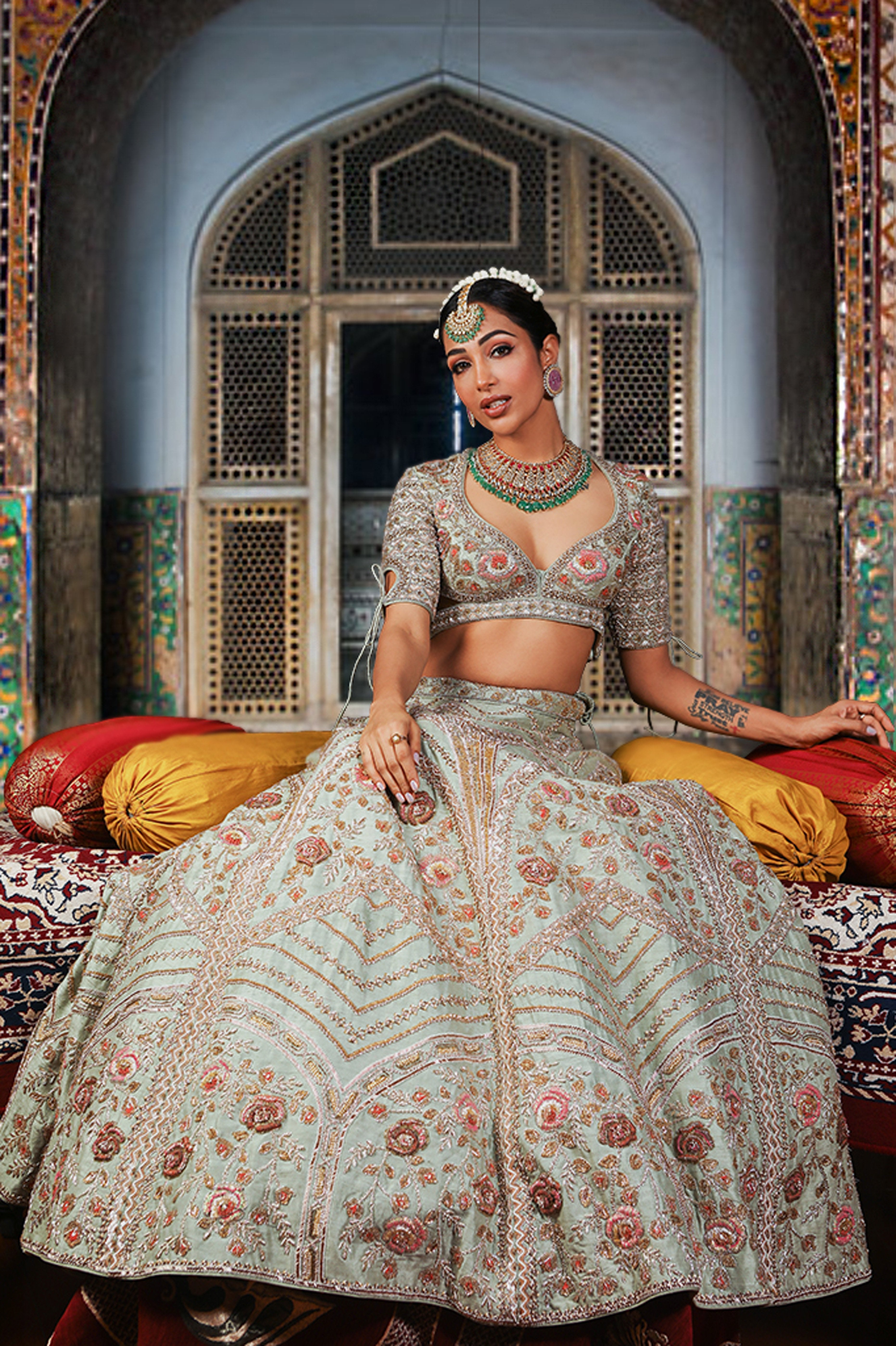 Bindani by Jigar & Nikita - Pistachio Green Hand Embroidered Lehenga Set