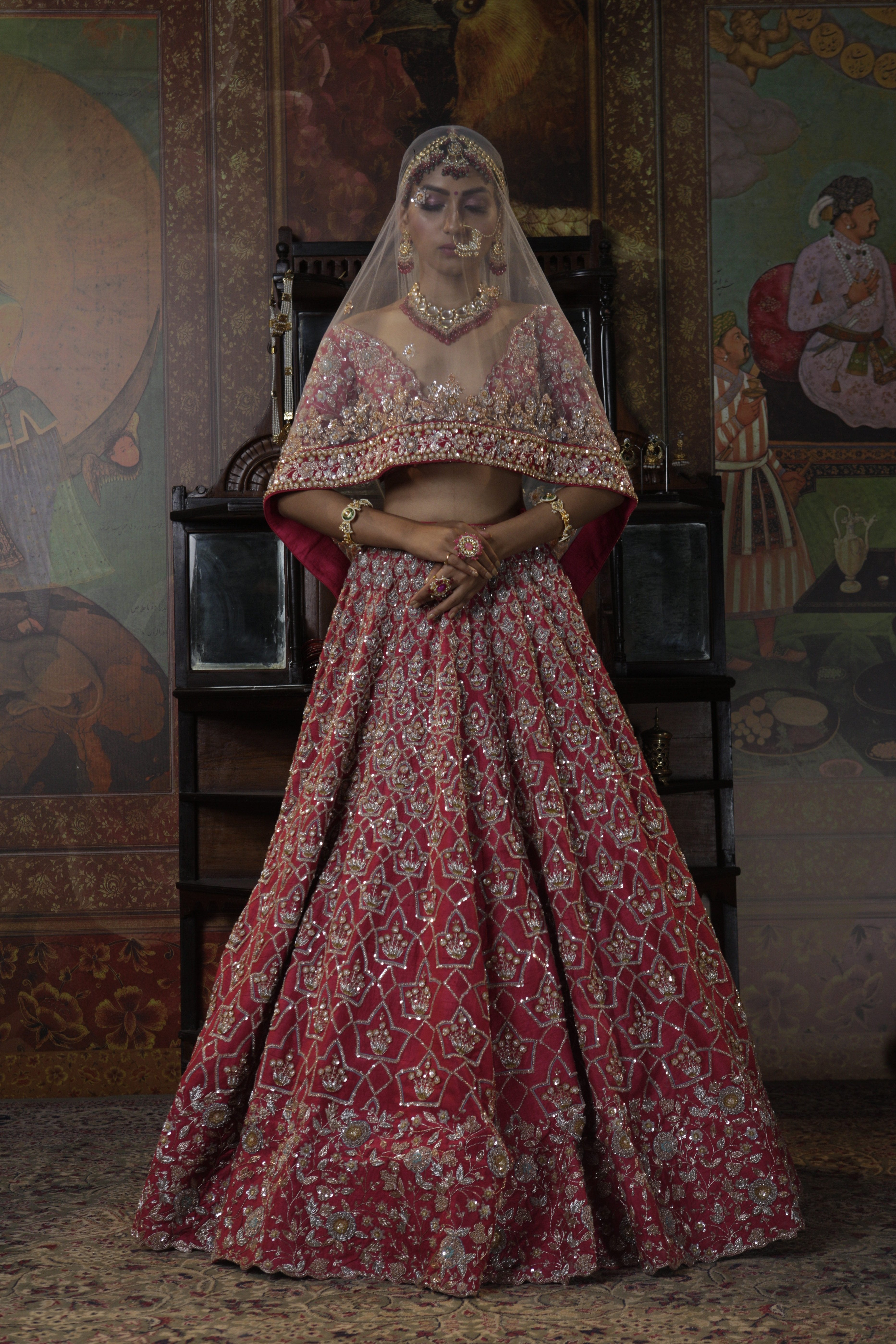 Bindani by Jigar & Nikita - Hand Embroidered Pink Red Lehenga Set