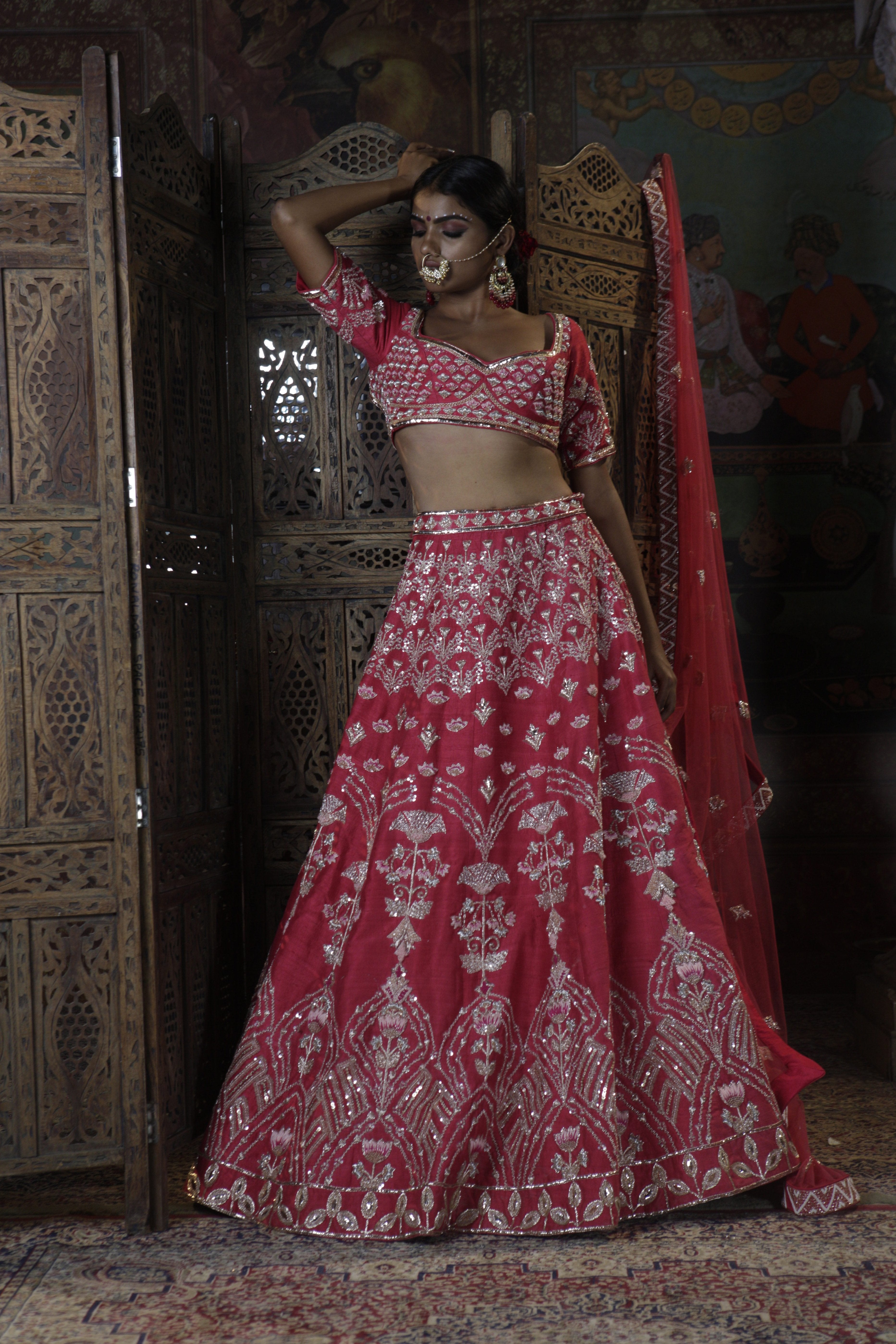 Bindani by Jigar & Nikita - Hand Embroidered Red Lehenga Set