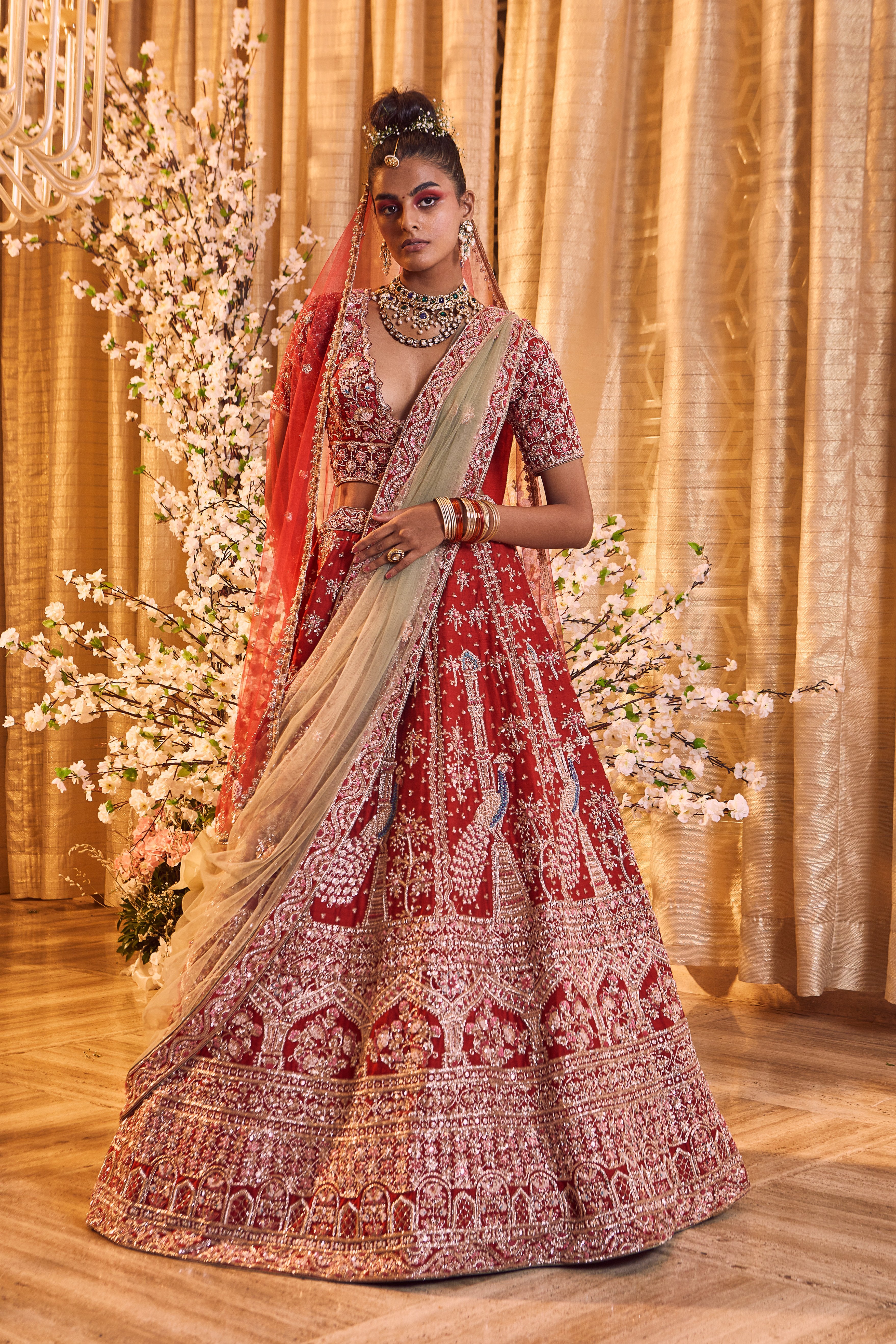 Bindani by Jigar & Nikita - Scarlet Red Hand Embroidered Lehenga Set
