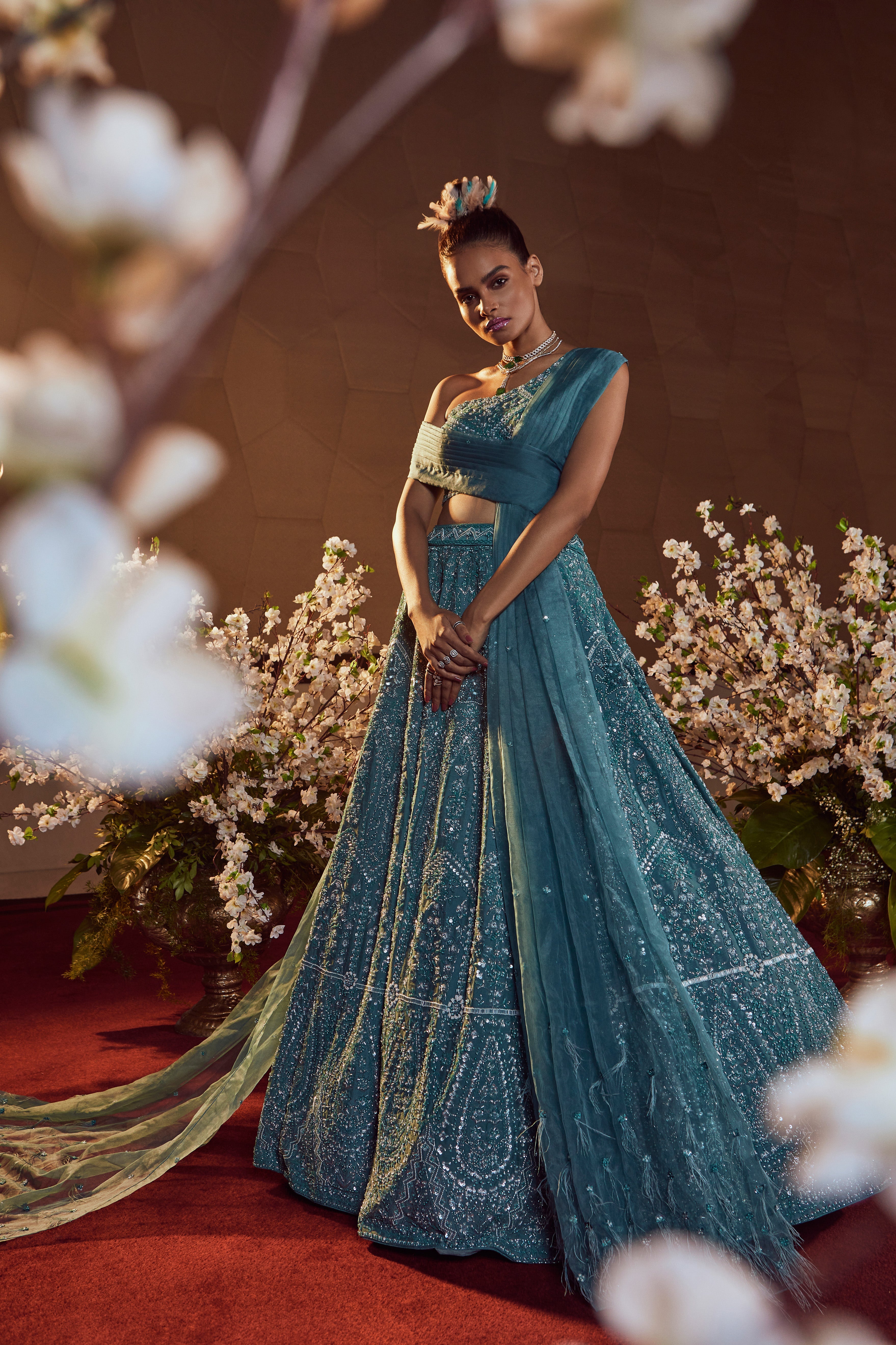 Bindani by Jigar & Nikita - Ocean Blue Hand Embroidered Lehenga Set