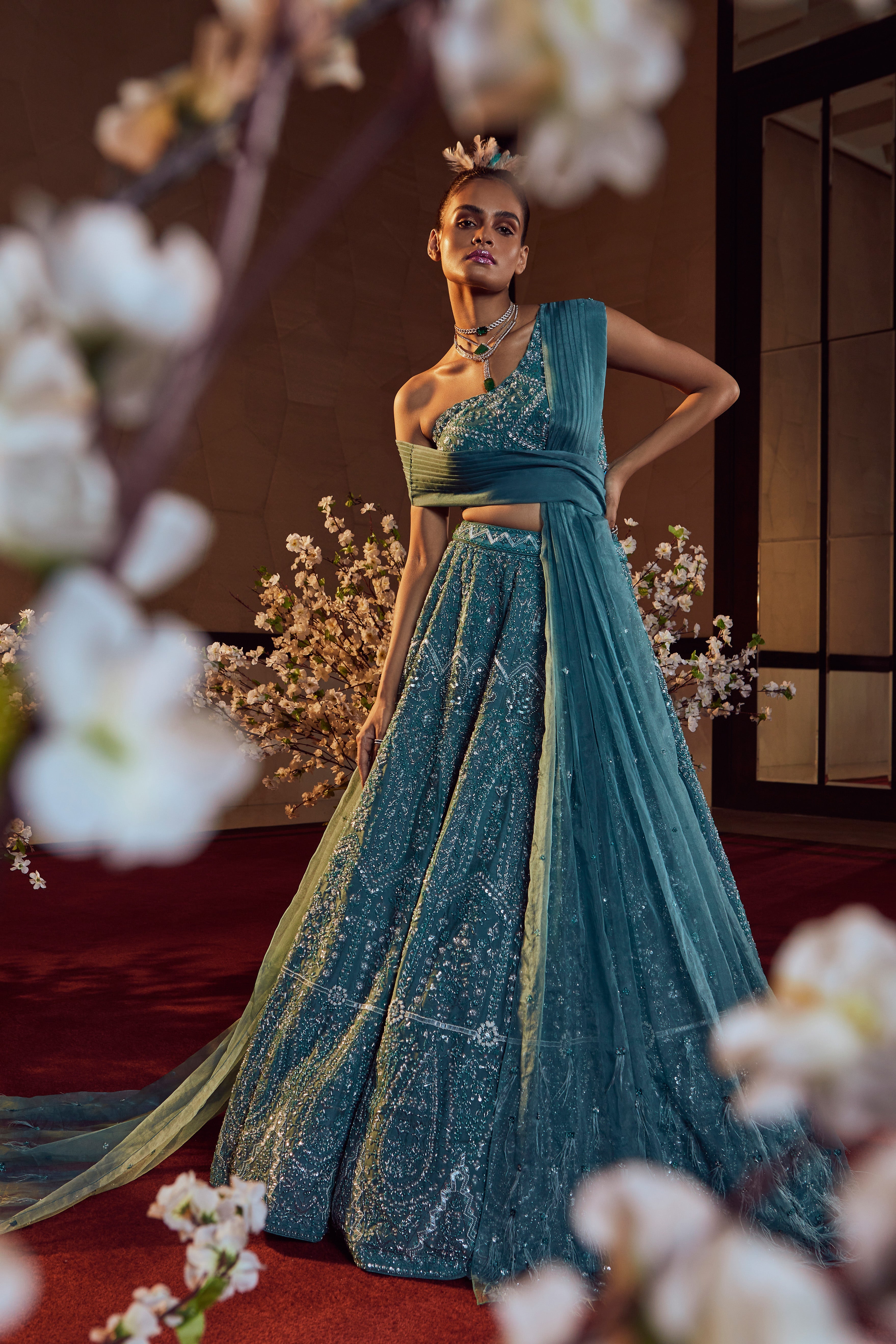 Bindani by Jigar & Nikita - Ocean Blue Hand Embroidered Lehenga Set
