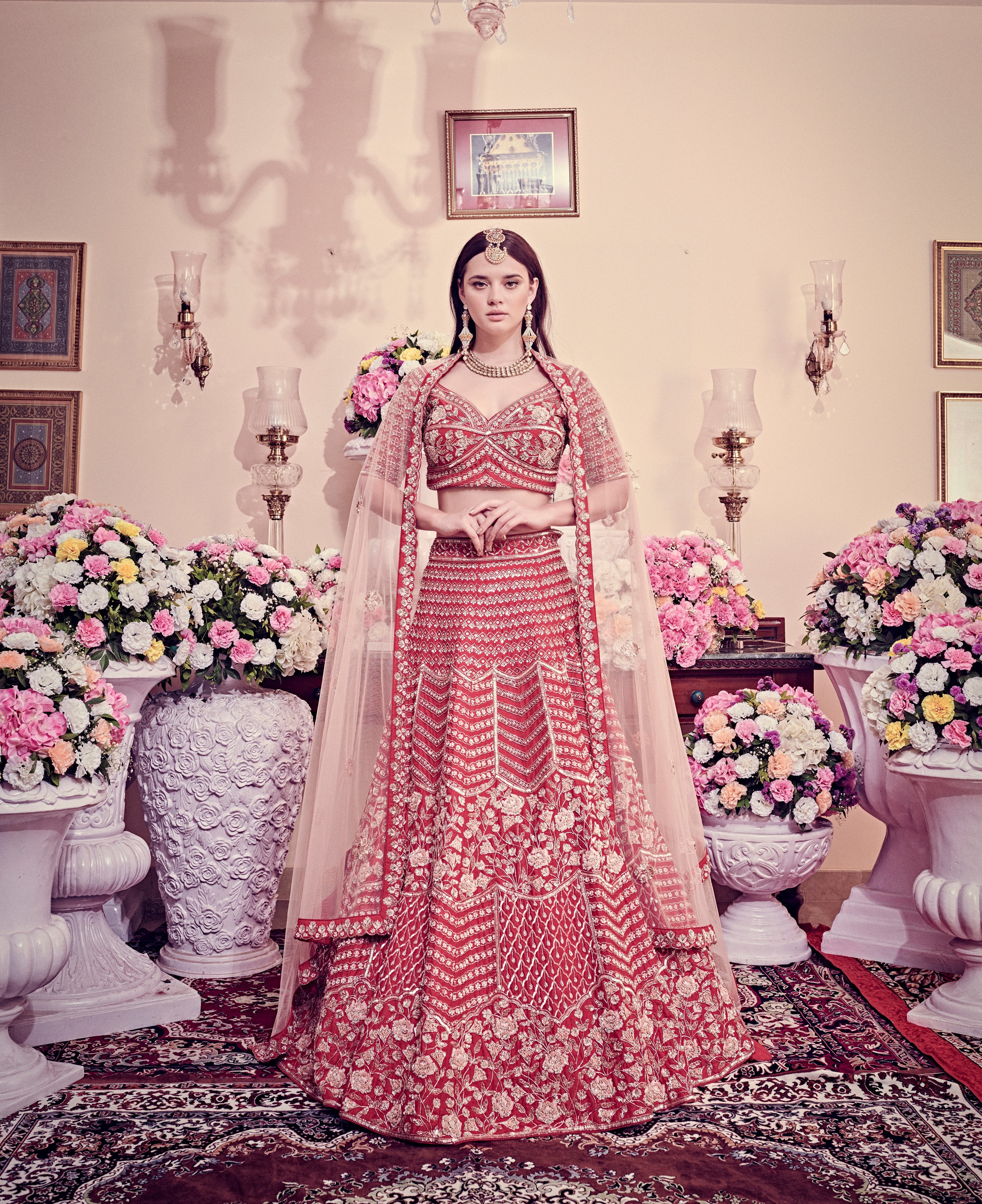 Bindani by Jigar & Nikita - Cranberry Red Embroidered Lehenga Set
