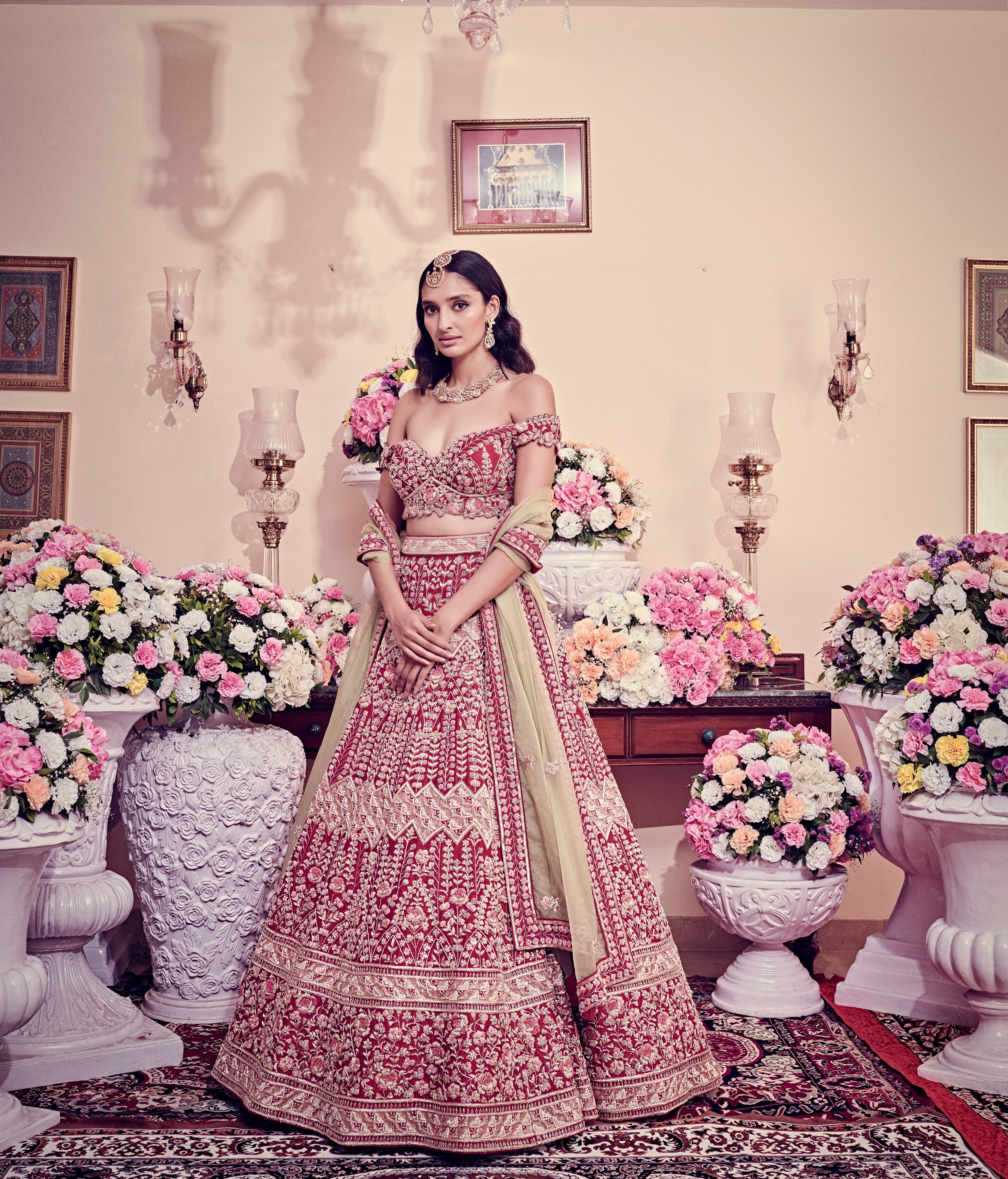 Bindani by Jigar & Nikita - Garnet Red Hand Embroidered Lehenga Set