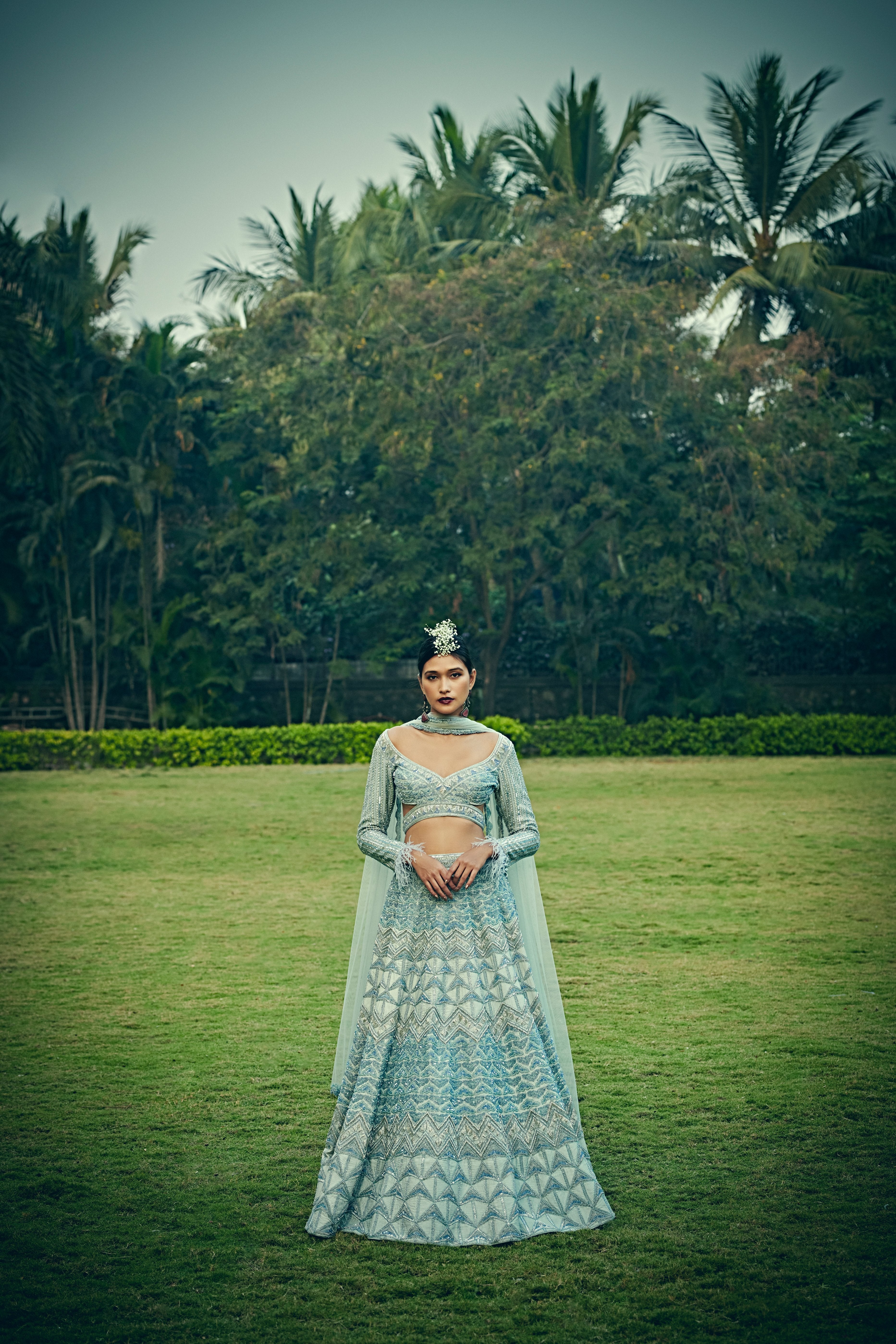 Bindani by Jigar & Nikita - Hand Embroidered Arctic Blue Lehenga