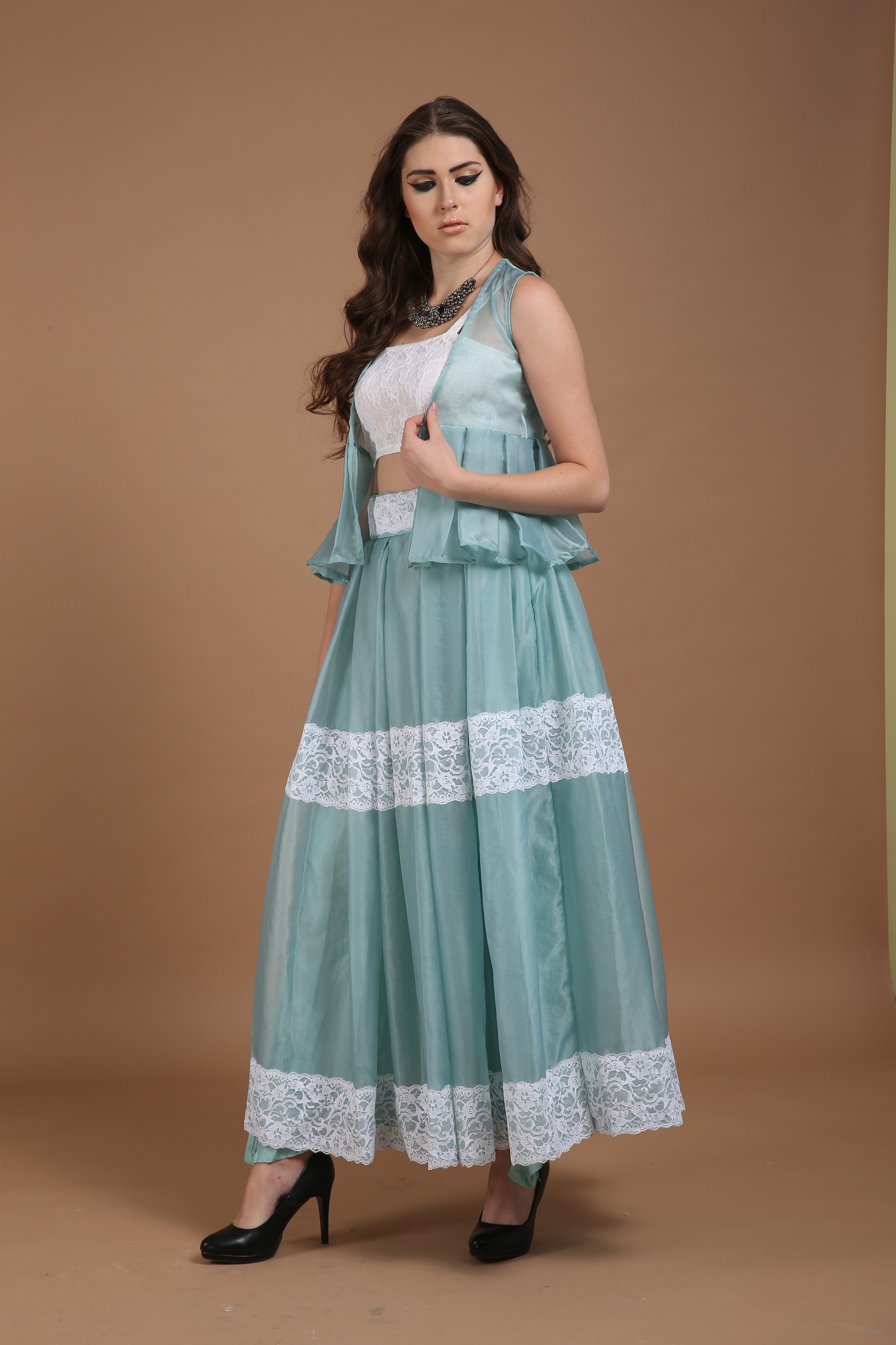 Bhagyashree Singh Raghuwanshi - 3 Piece Skirt Light Blue & White Set