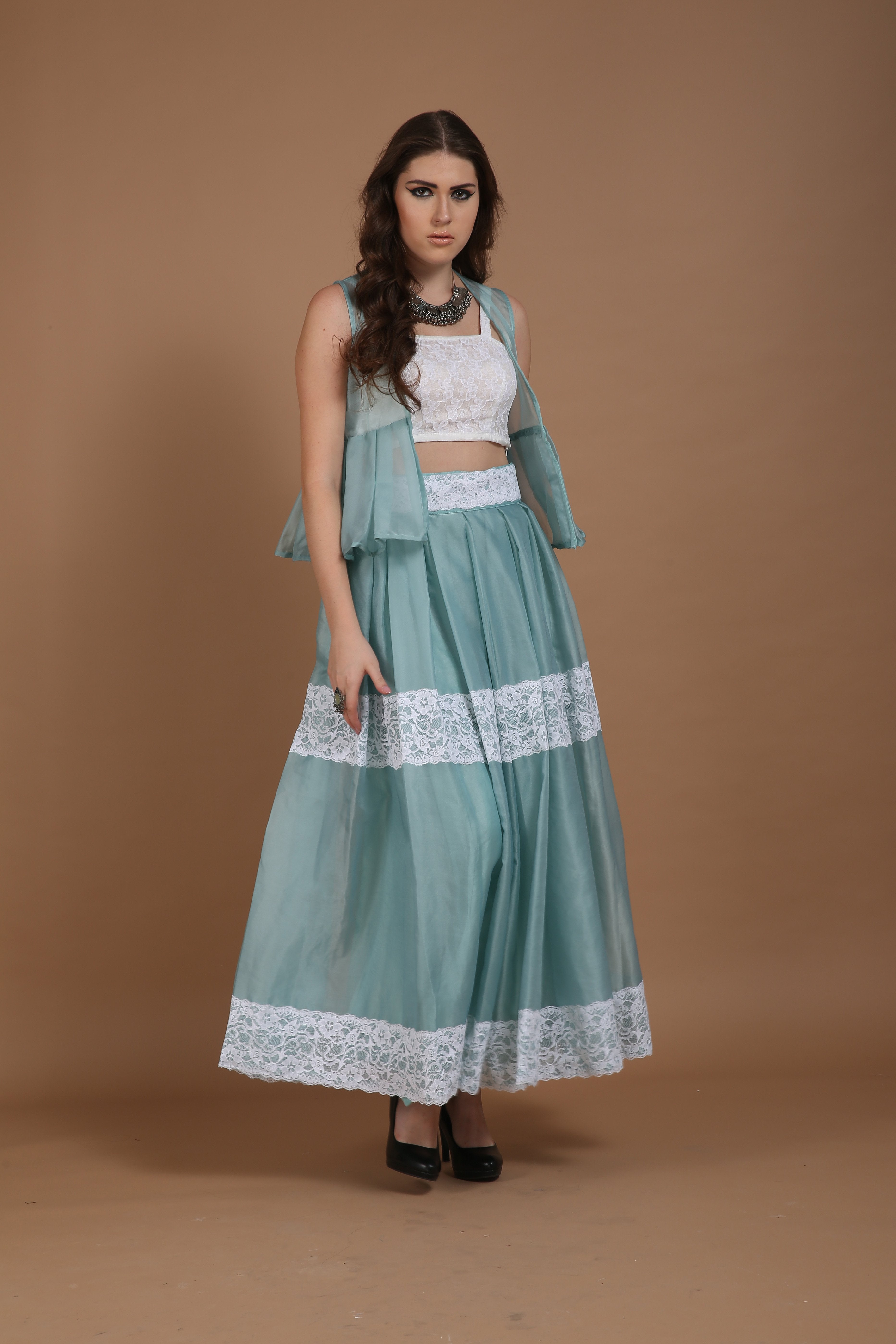 Bhagyashree Singh Raghuwanshi - 3 Piece Skirt Light Blue & White Set