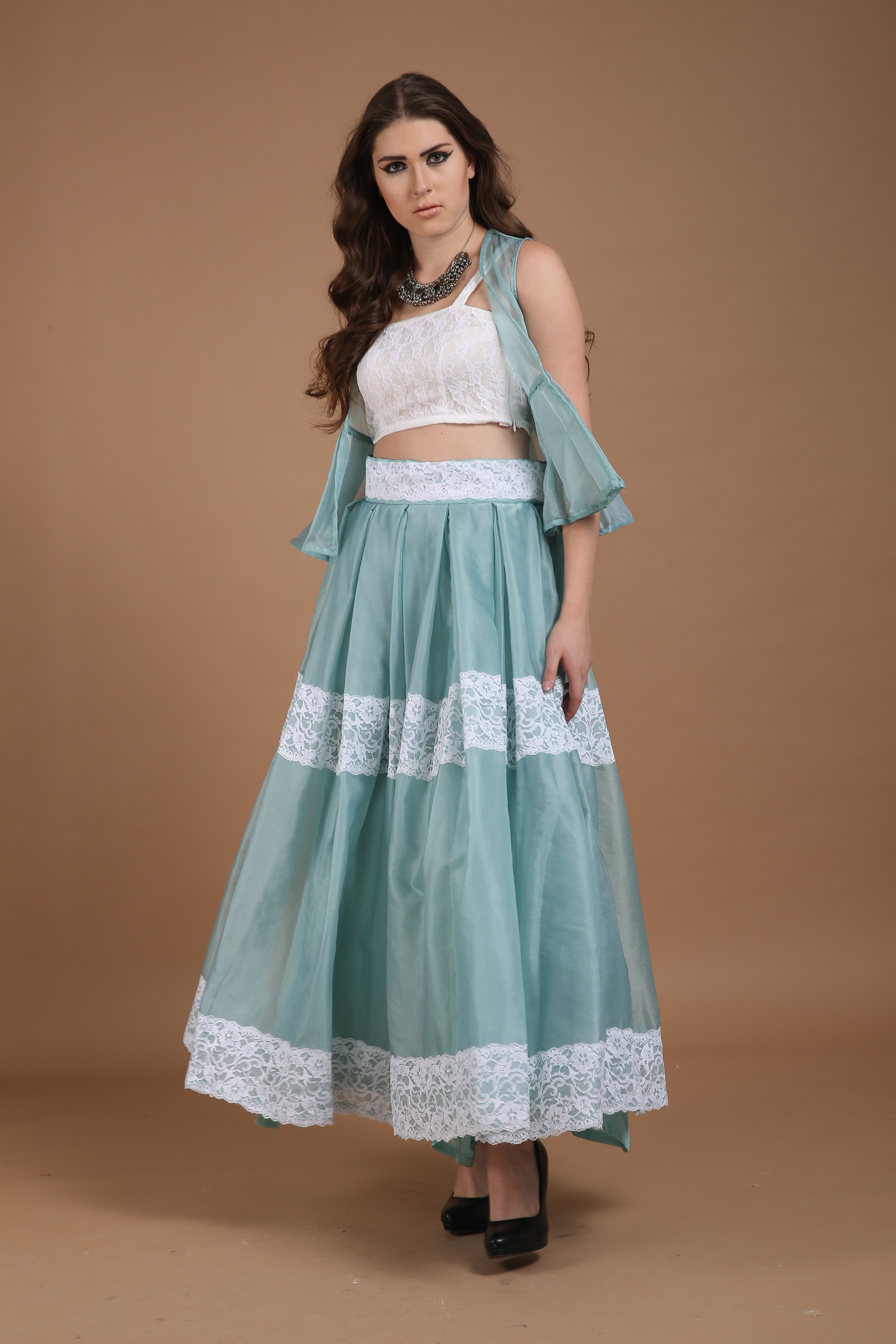 Bhagyashree Singh Raghuwanshi - 3 Piece Skirt Light Blue & White Set