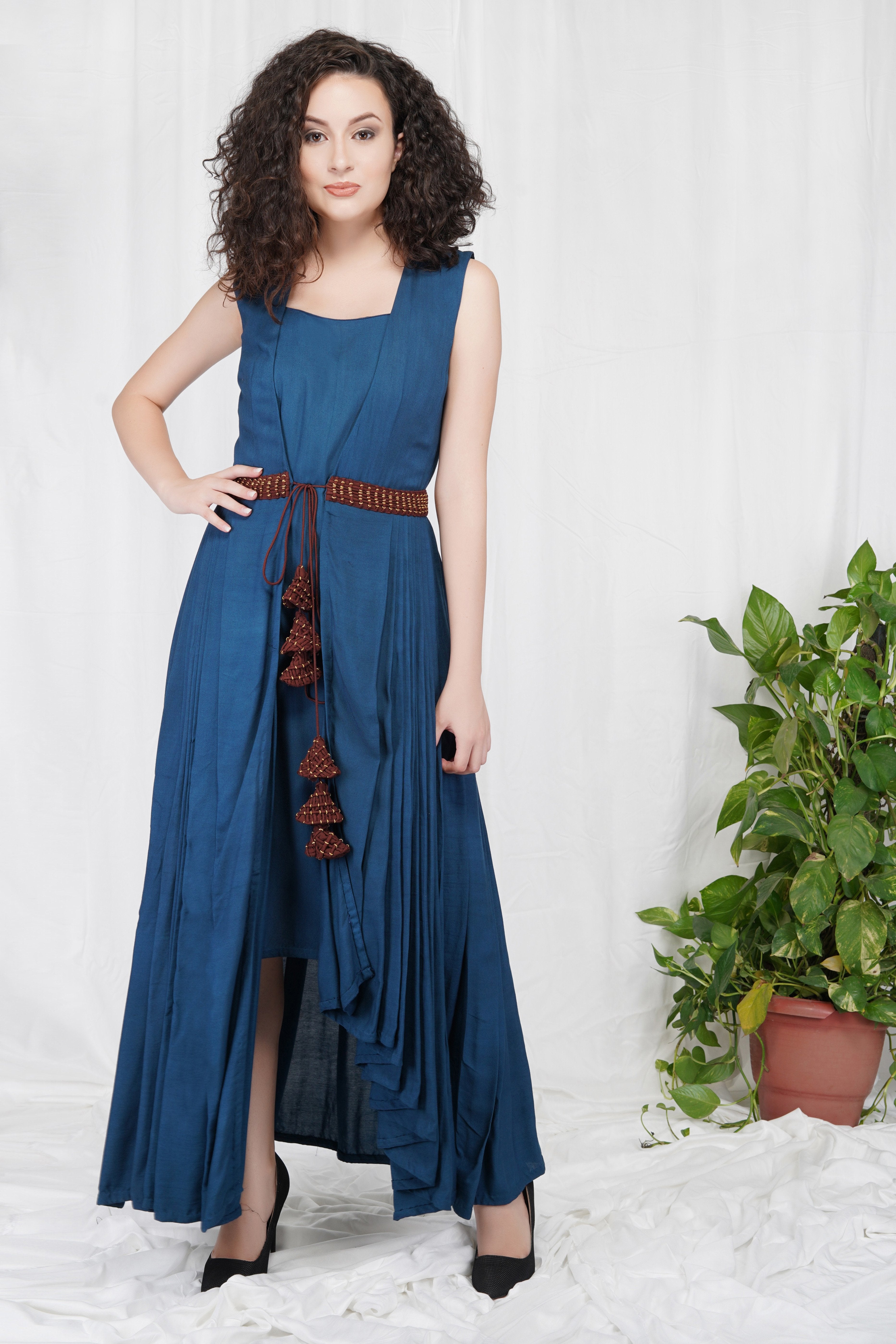 CY Bhagyashree Singh Raghuwanshi 2 Piece Blue Pleated Dress Front 1