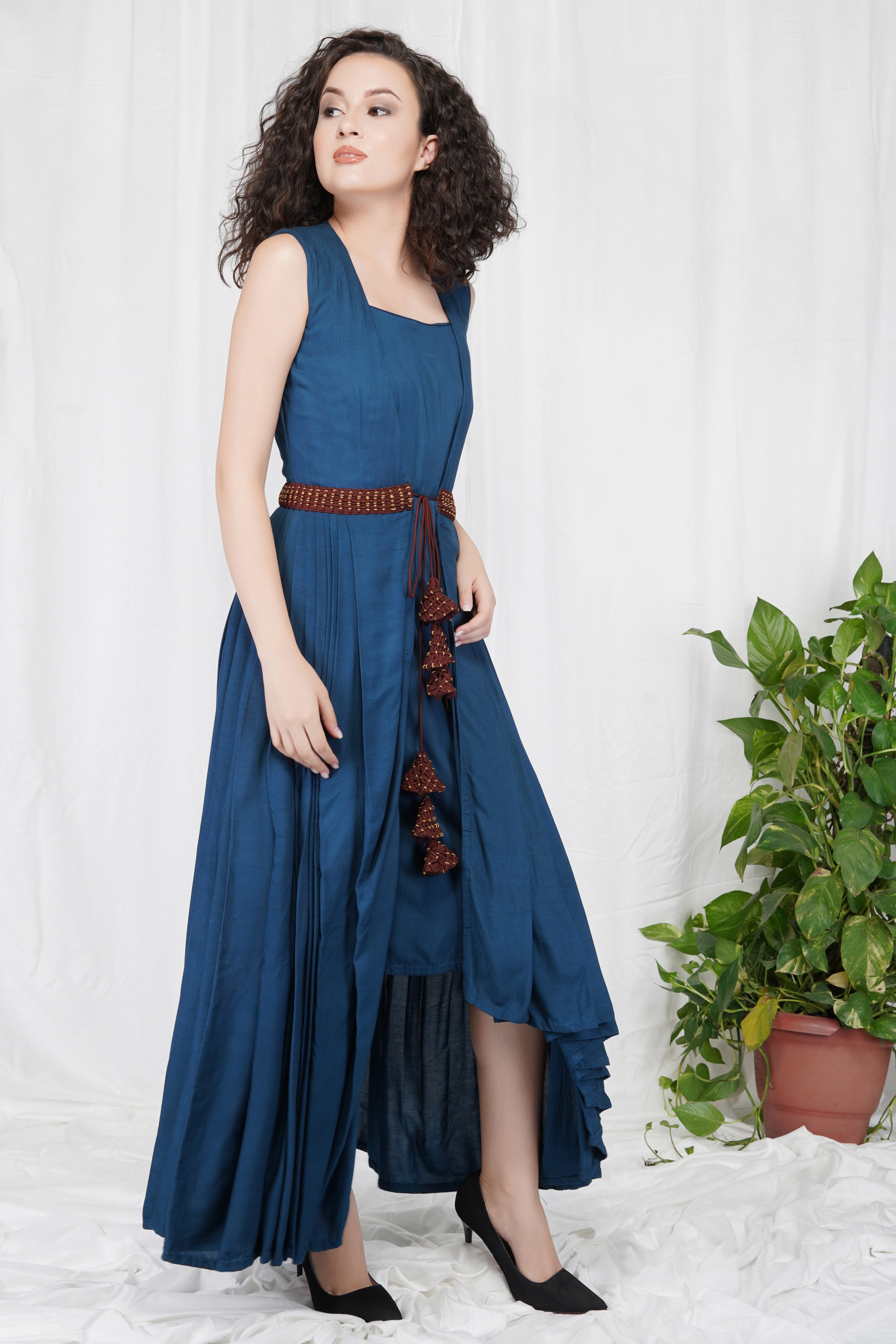 CY Bhagyashree Singh Raghuwanshi 2 Piece Blue Pleated Dress Front 3