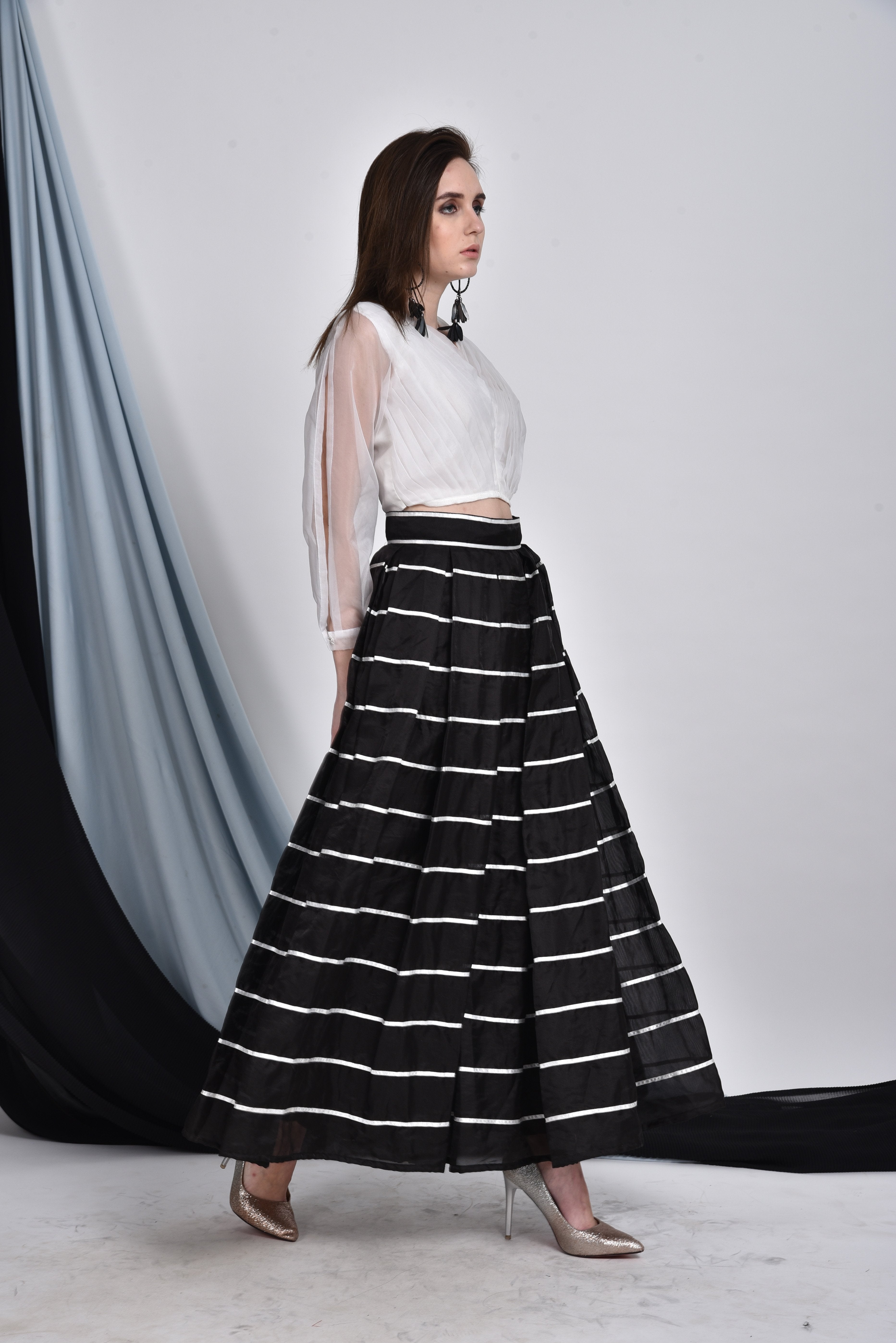 CY Bhagyashree Singh Raghuwanshi Organza Ribbon Skirt & Top Set Front 2