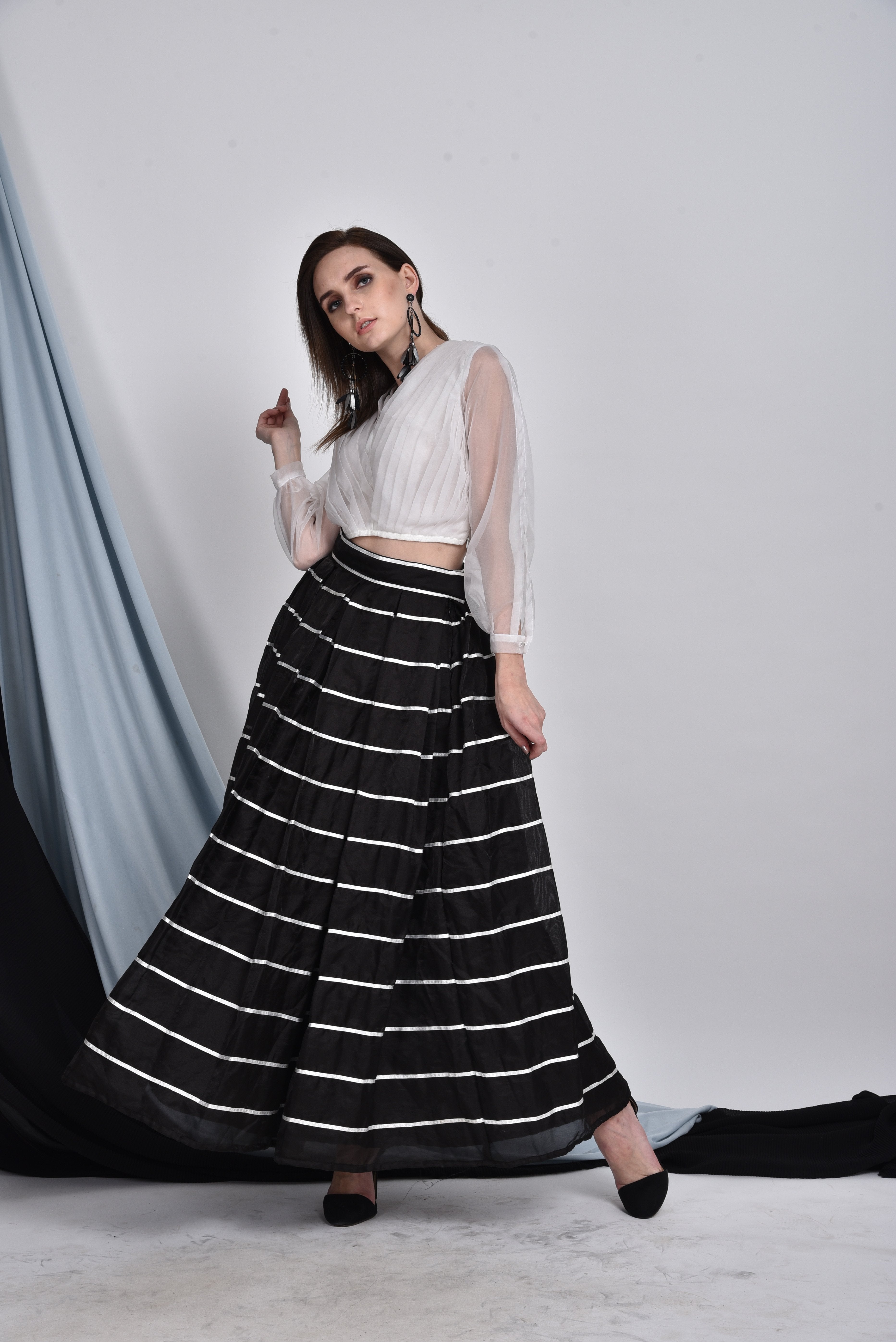 CY Bhagyashree Singh Raghuwanshi Organza Ribbon Skirt & Top Set Front 3