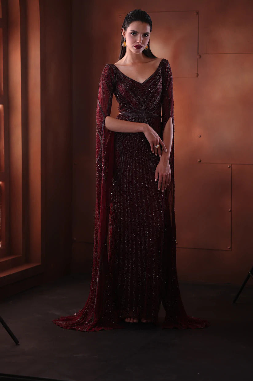 CY Bhawna Rao Hand Embroidered Burgandy Sleeves Gown Front
