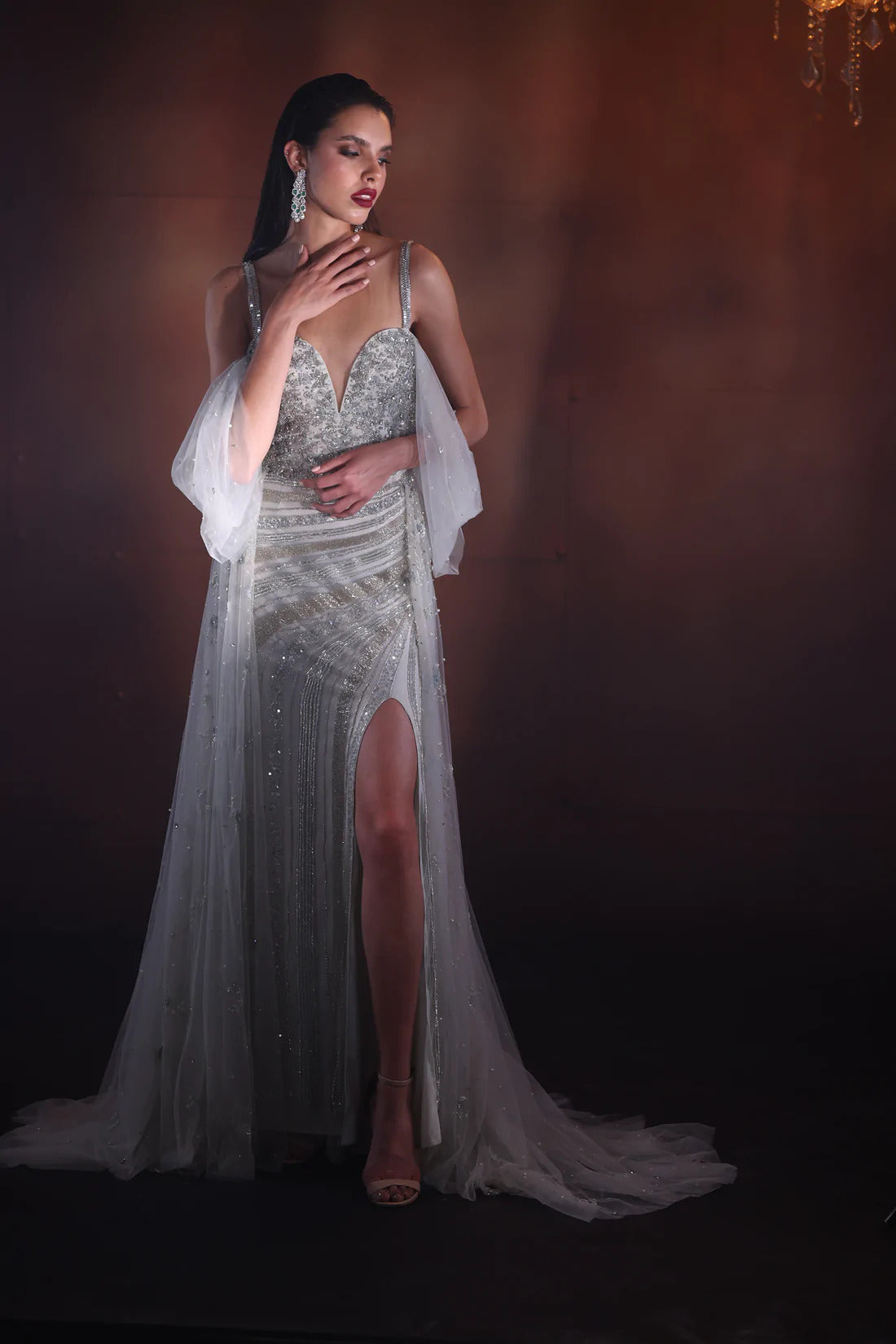 mint green and silver dress Hand Embroidered Mint Green Gown