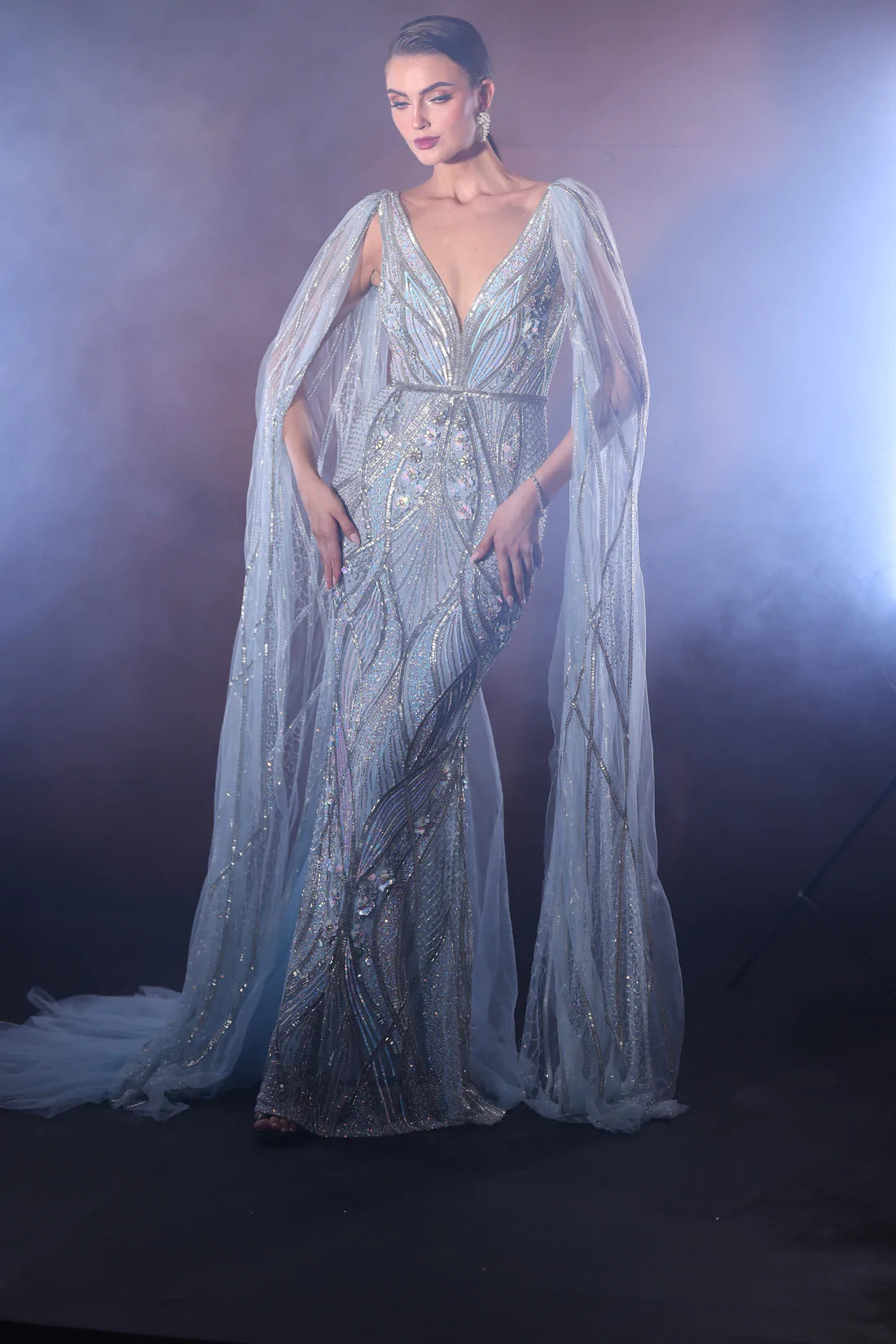 CY Bhawna Rao Hand Embroidered Powder Blue Wings Gown Front