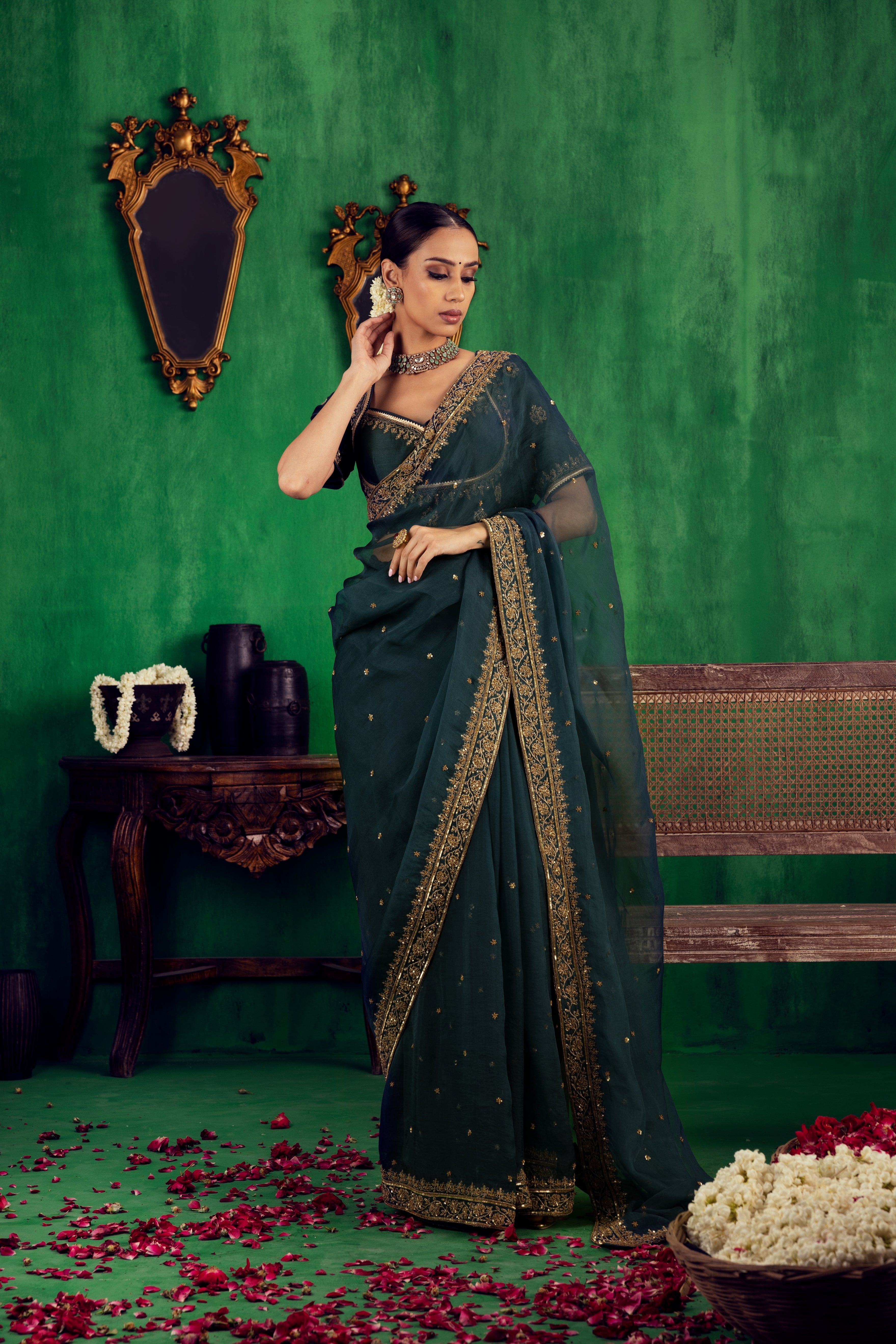 Jigar Mali - Bottle Green Saree Set