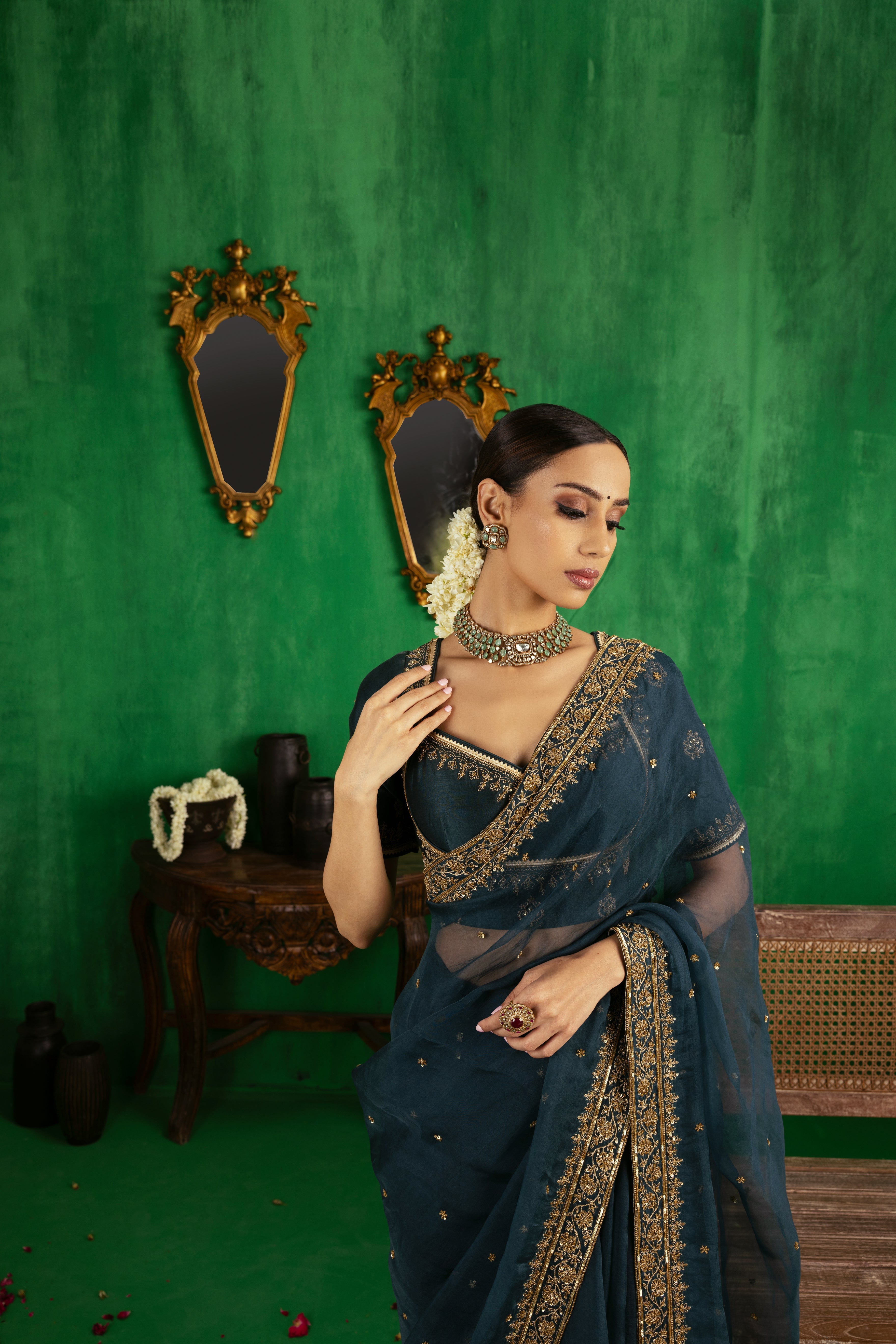 Jigar Mali - Bottle Green Saree Set