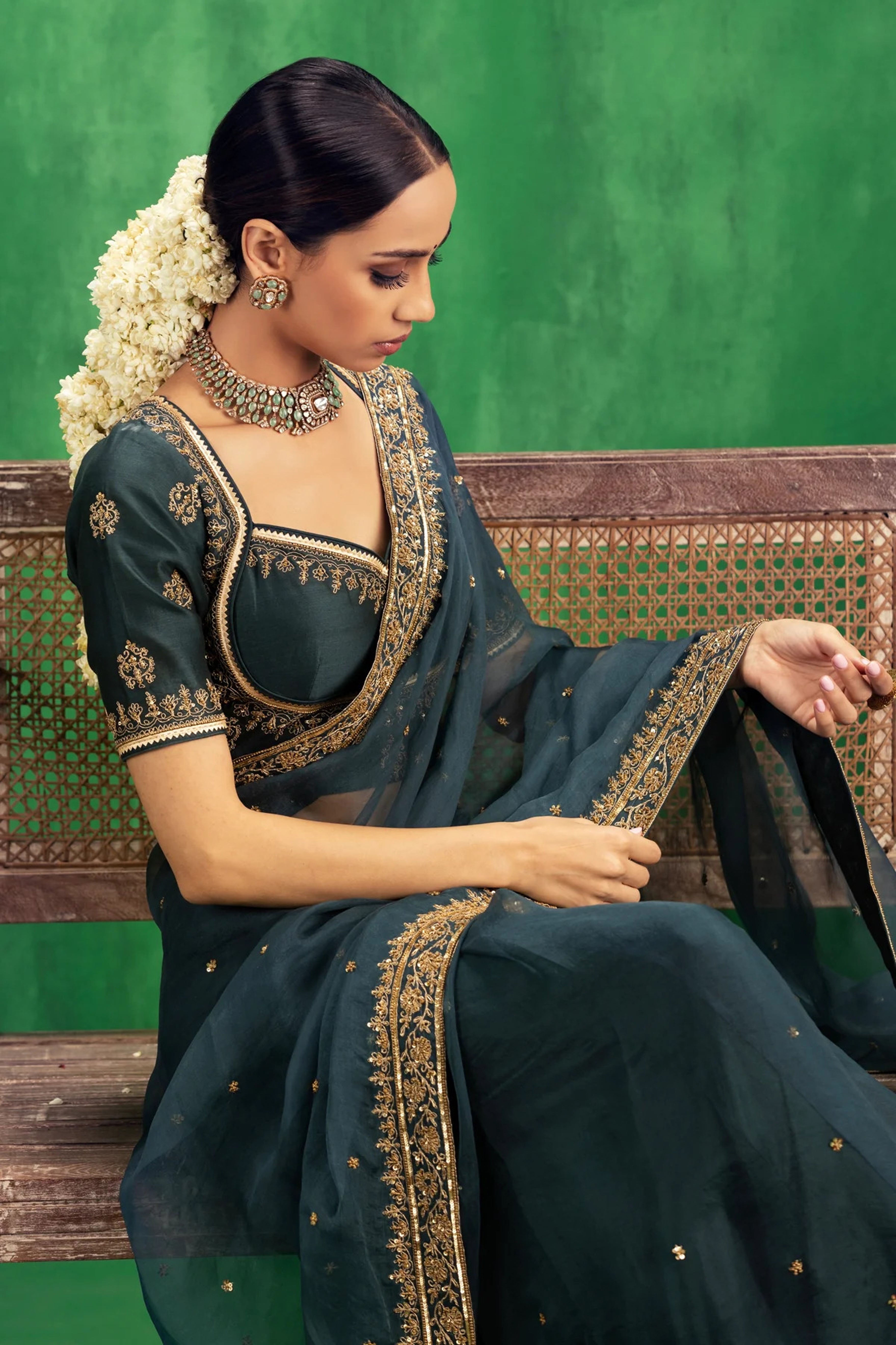 Jigar Mali - Bottle Green Saree Set