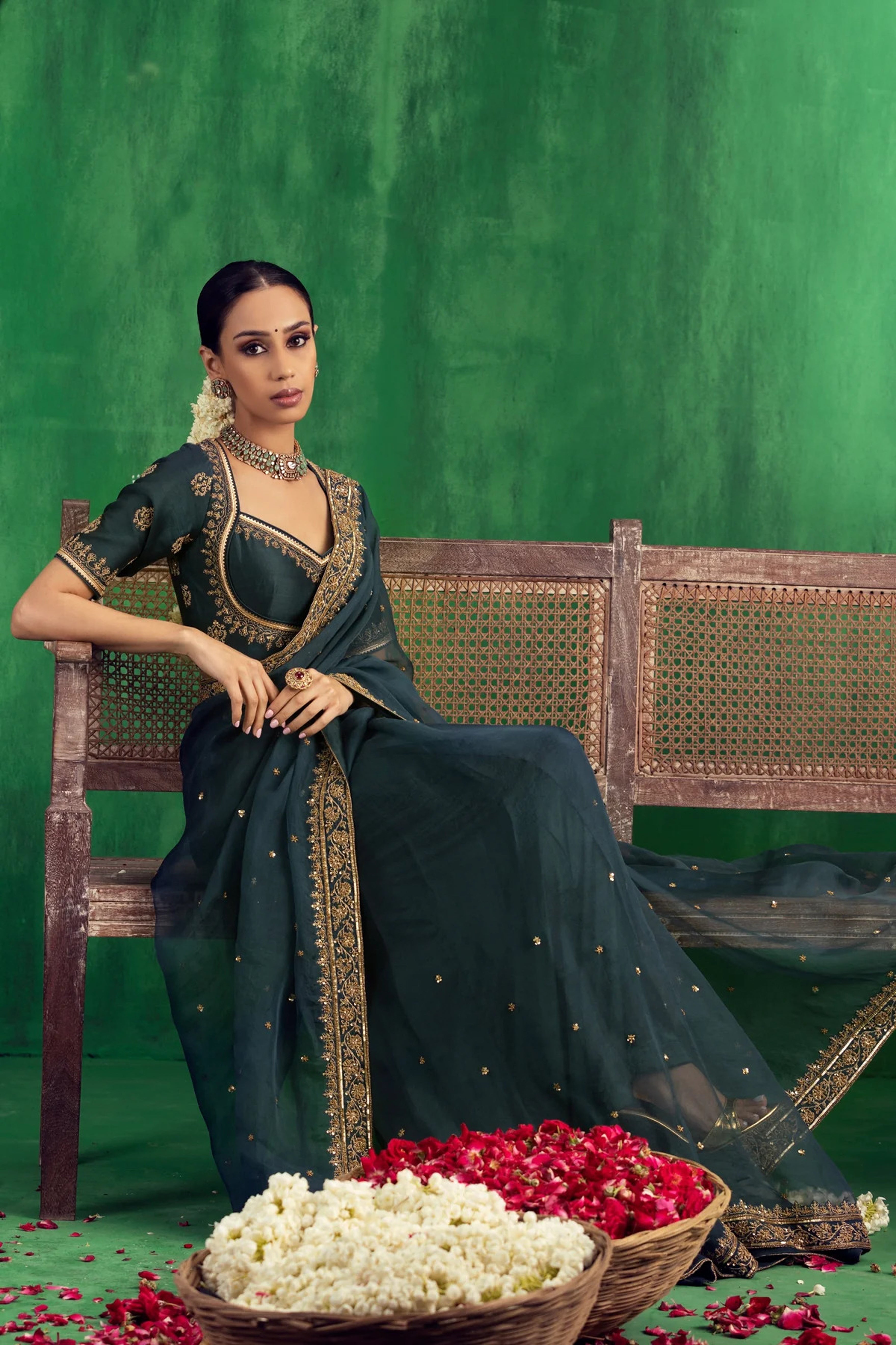 Jigar Mali - Bottle Green Saree Set