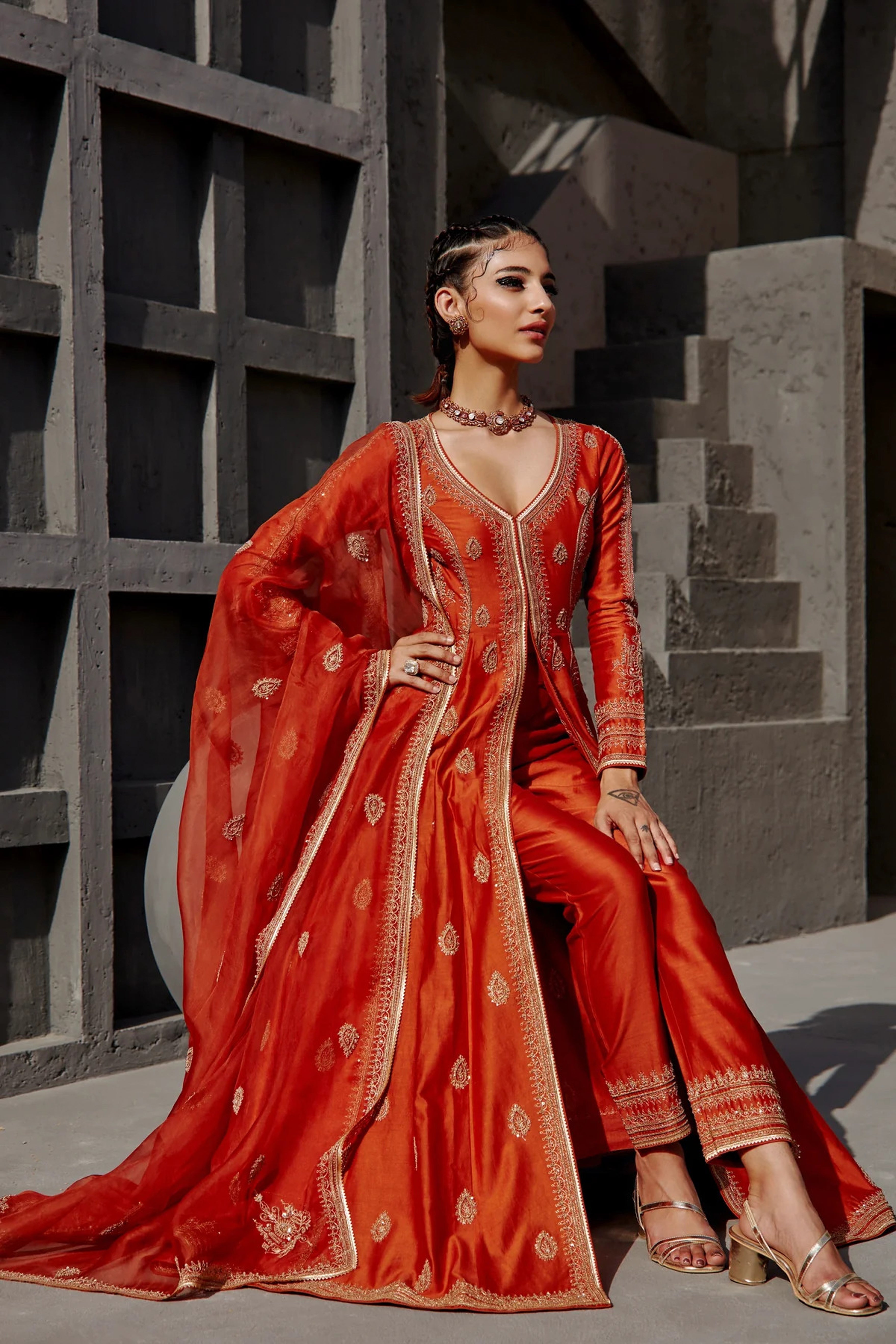 Jigar Mali - Burnt Orange Anarkali Set