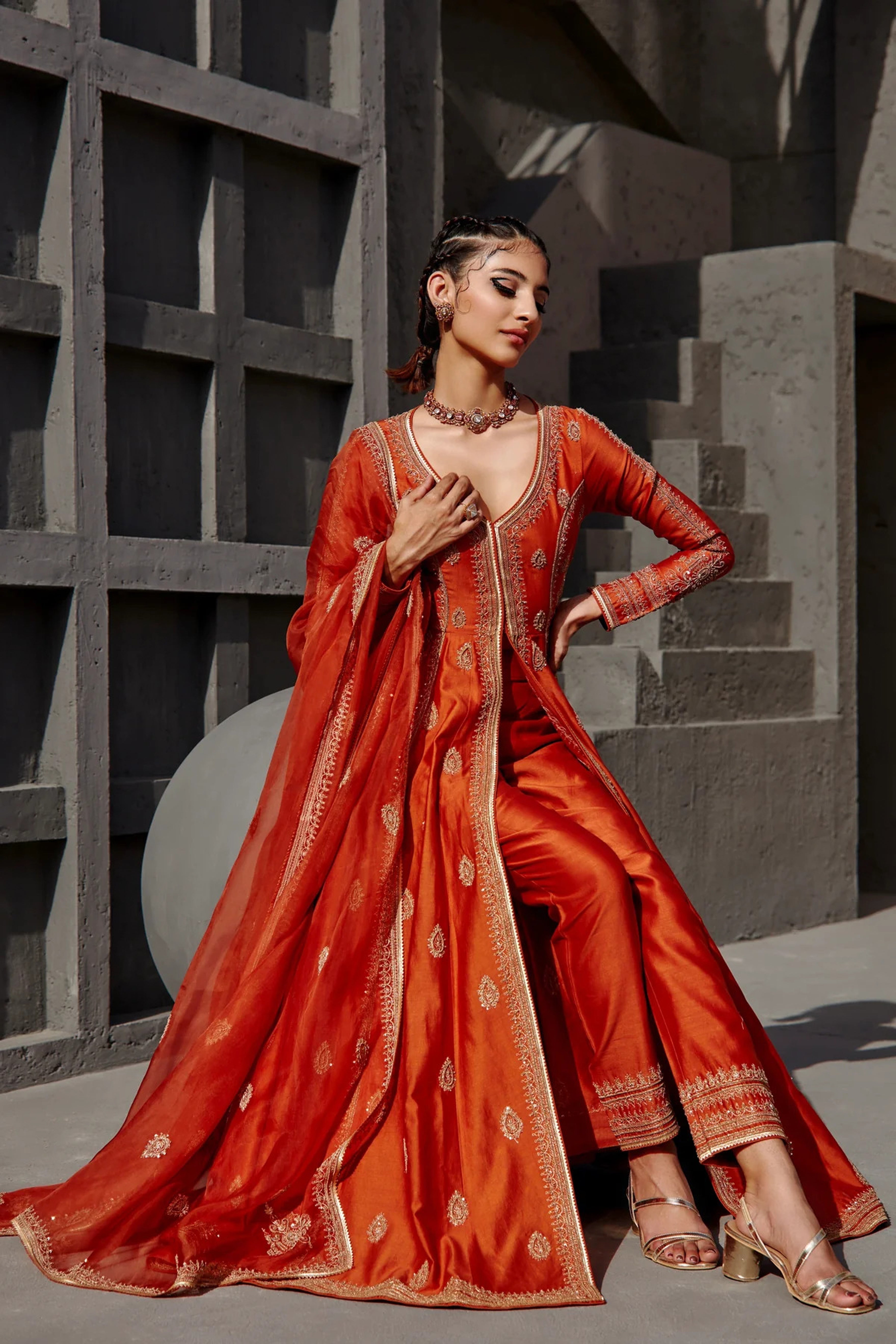 Jigar Mali - Burnt Orange Anarkali Set