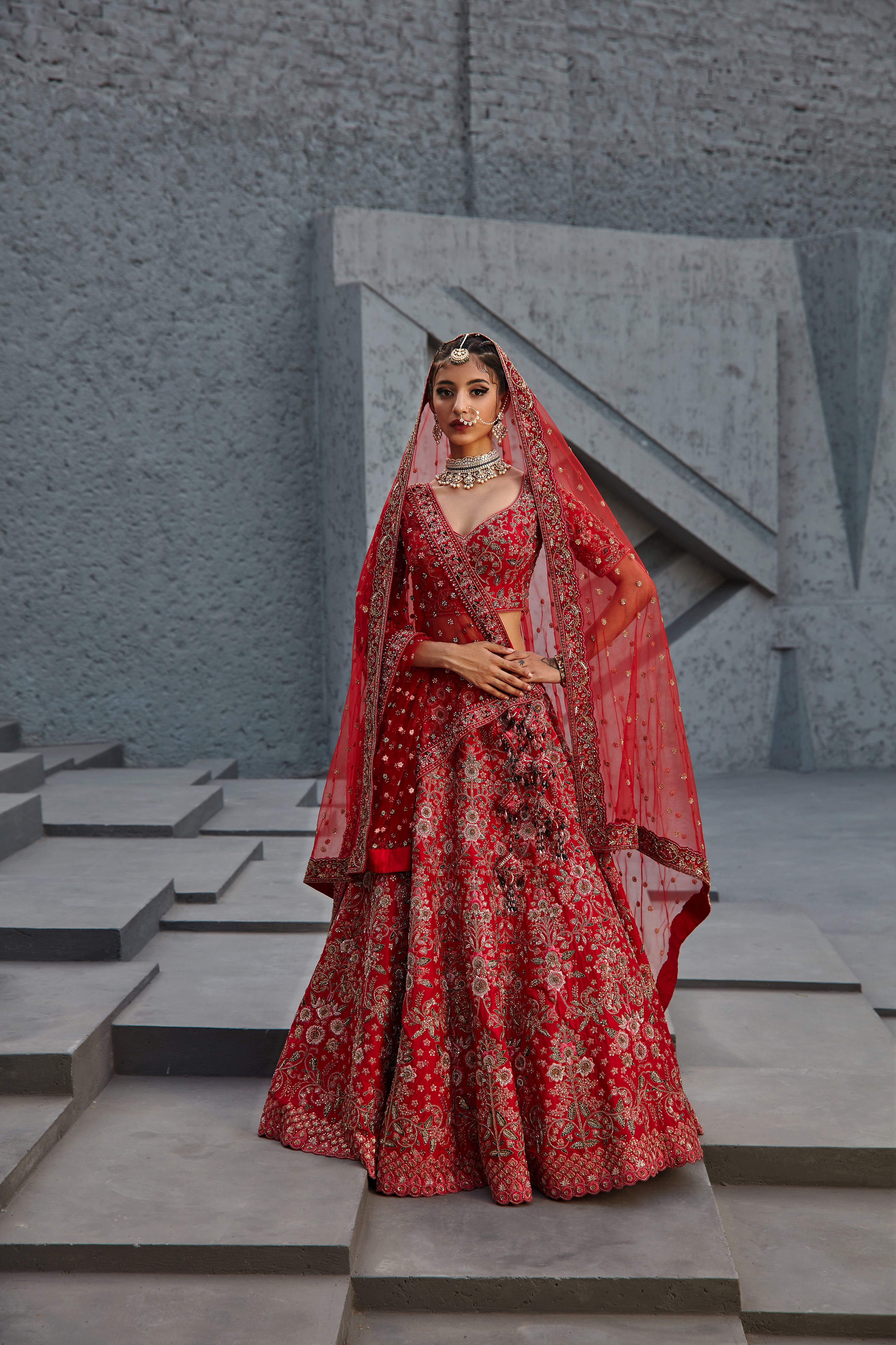 Jigar Mali - Carmine Red Dabka Floral Patterend Lehenga Set