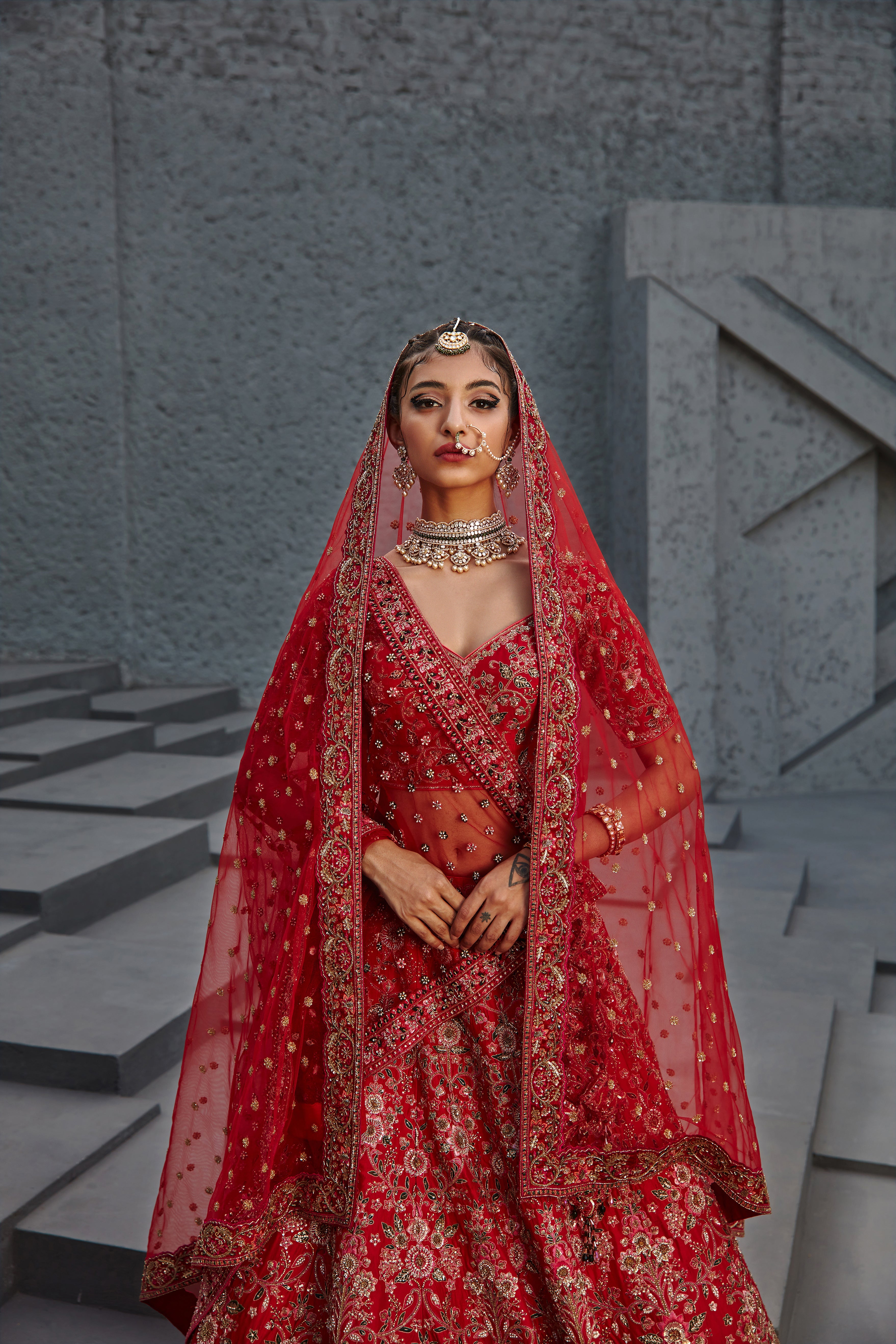 Jigar Mali - Carmine Red Dabka Floral Patterend Lehenga Set
