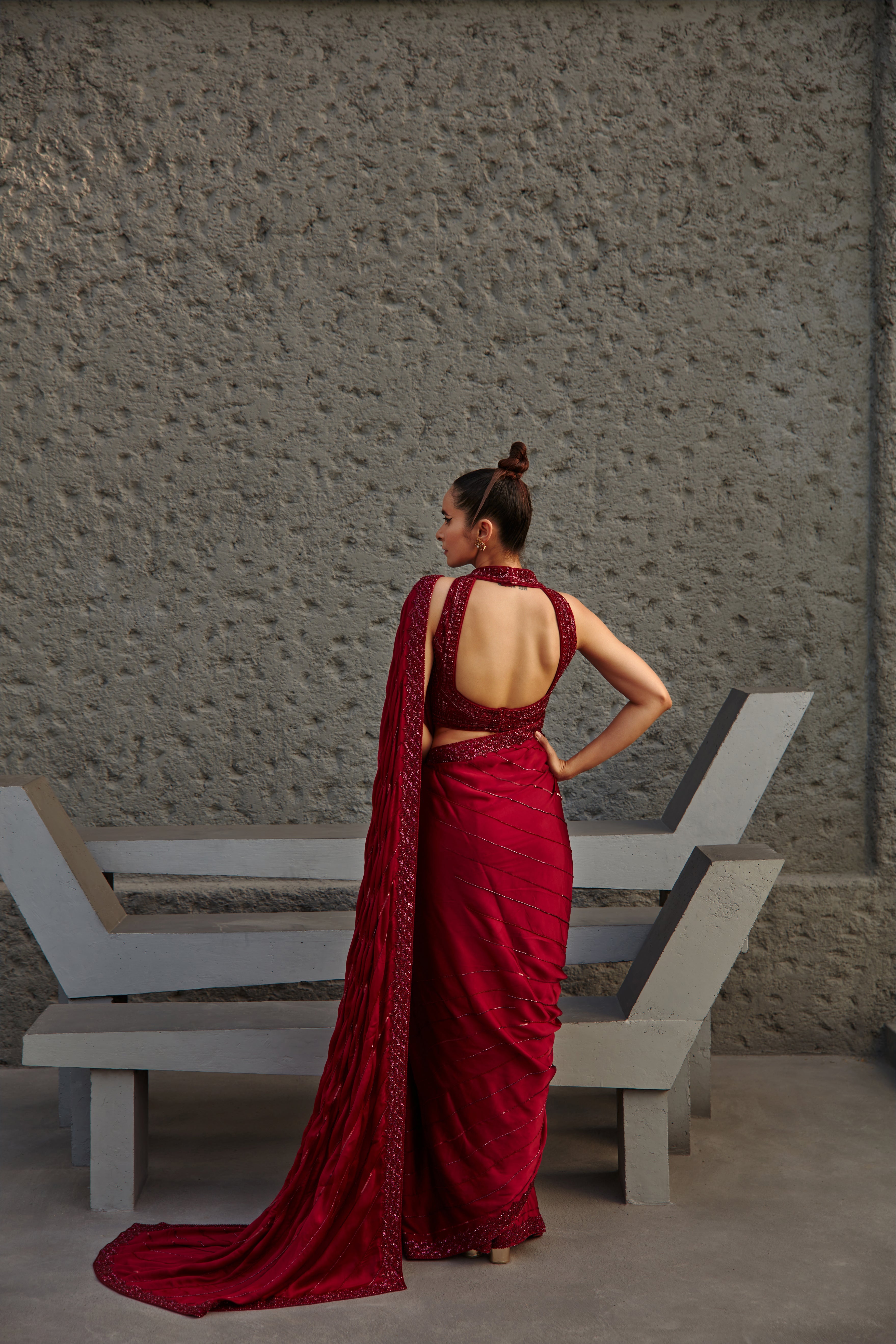 Jigar Mali - Cocktail Wine Saree Set