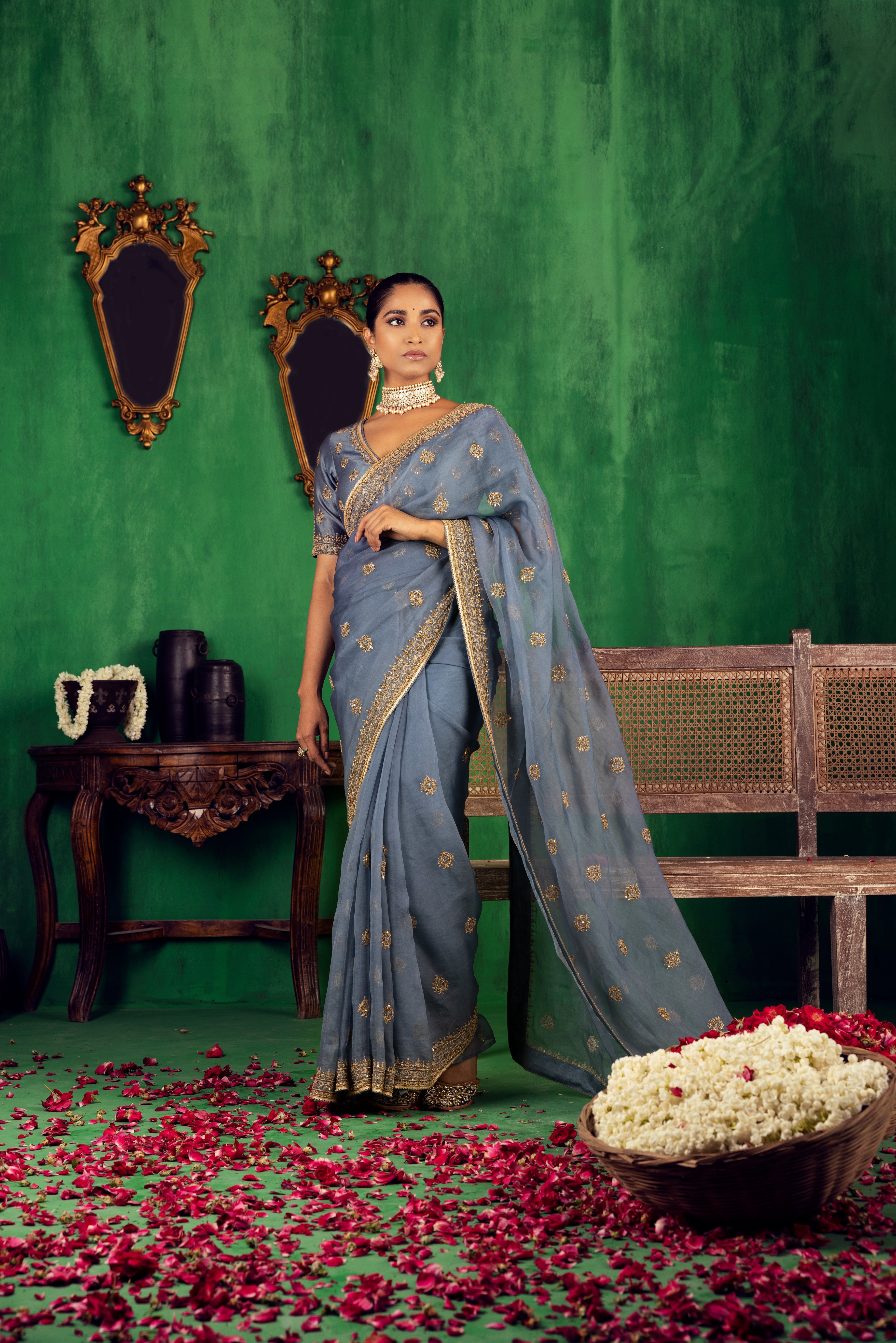 Jigar Mali - Dusty Blue Saree Set