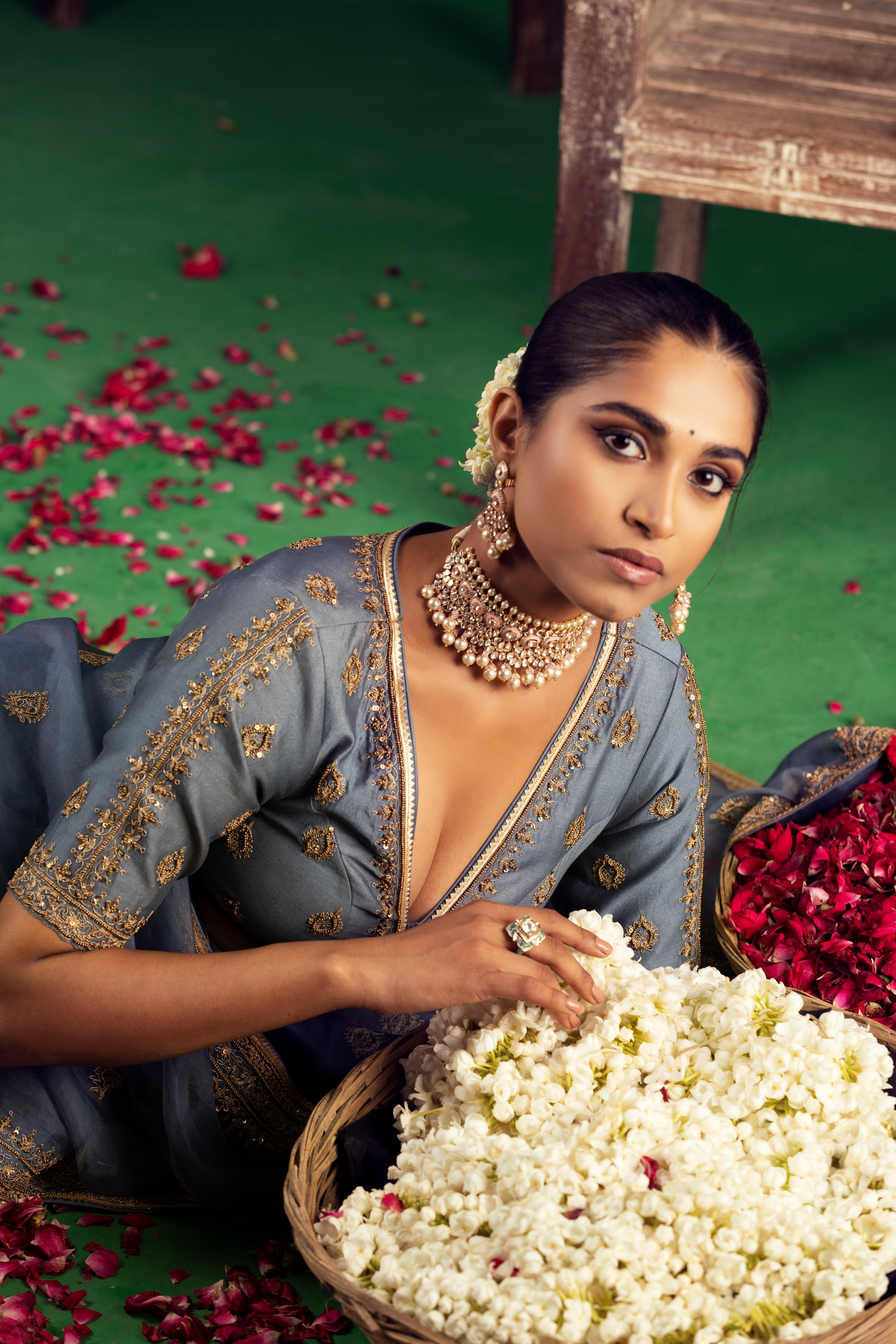 Jigar Mali - Dusty Blue Saree Set