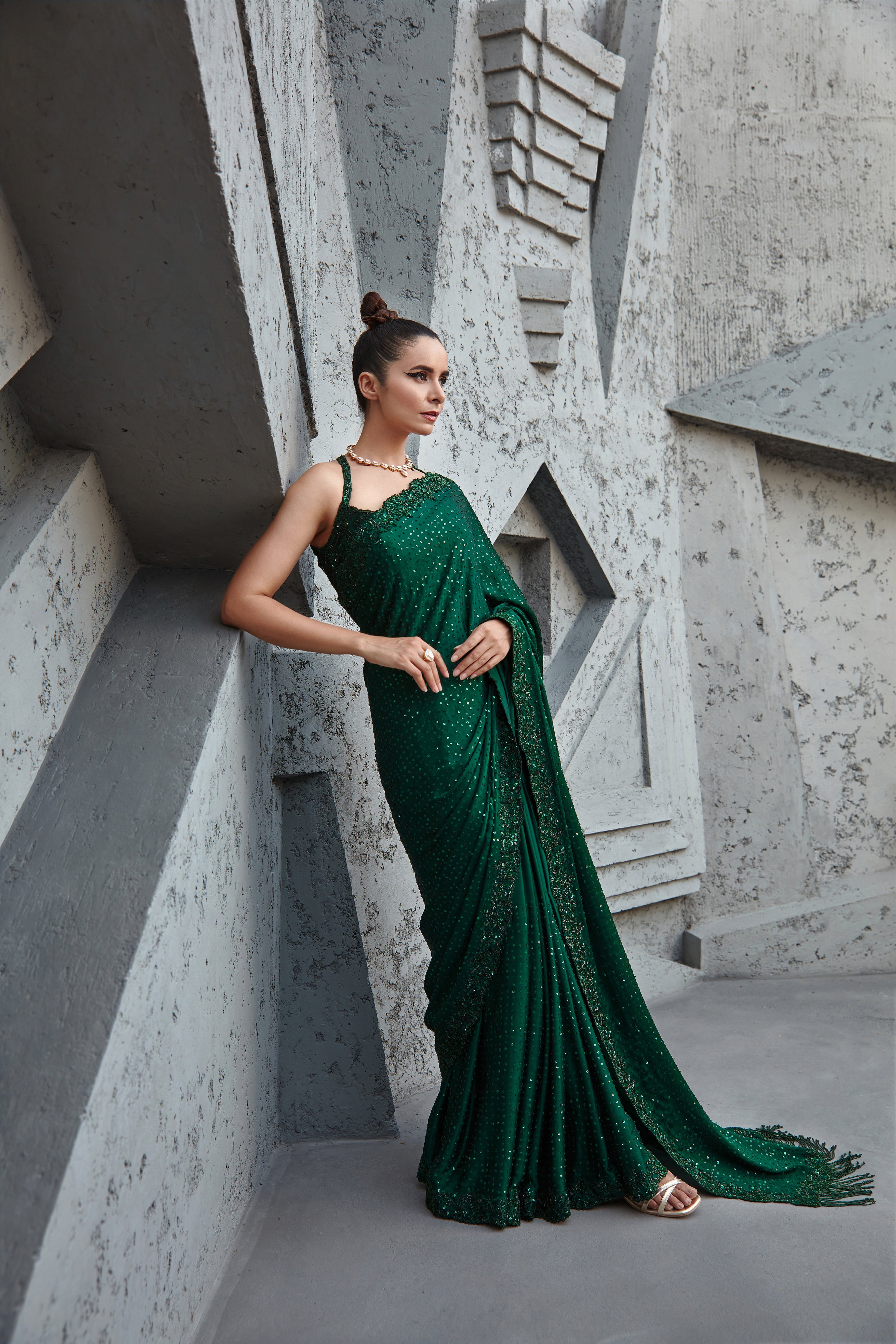Jigar Mali - Forest Green Cocktail Saree Set