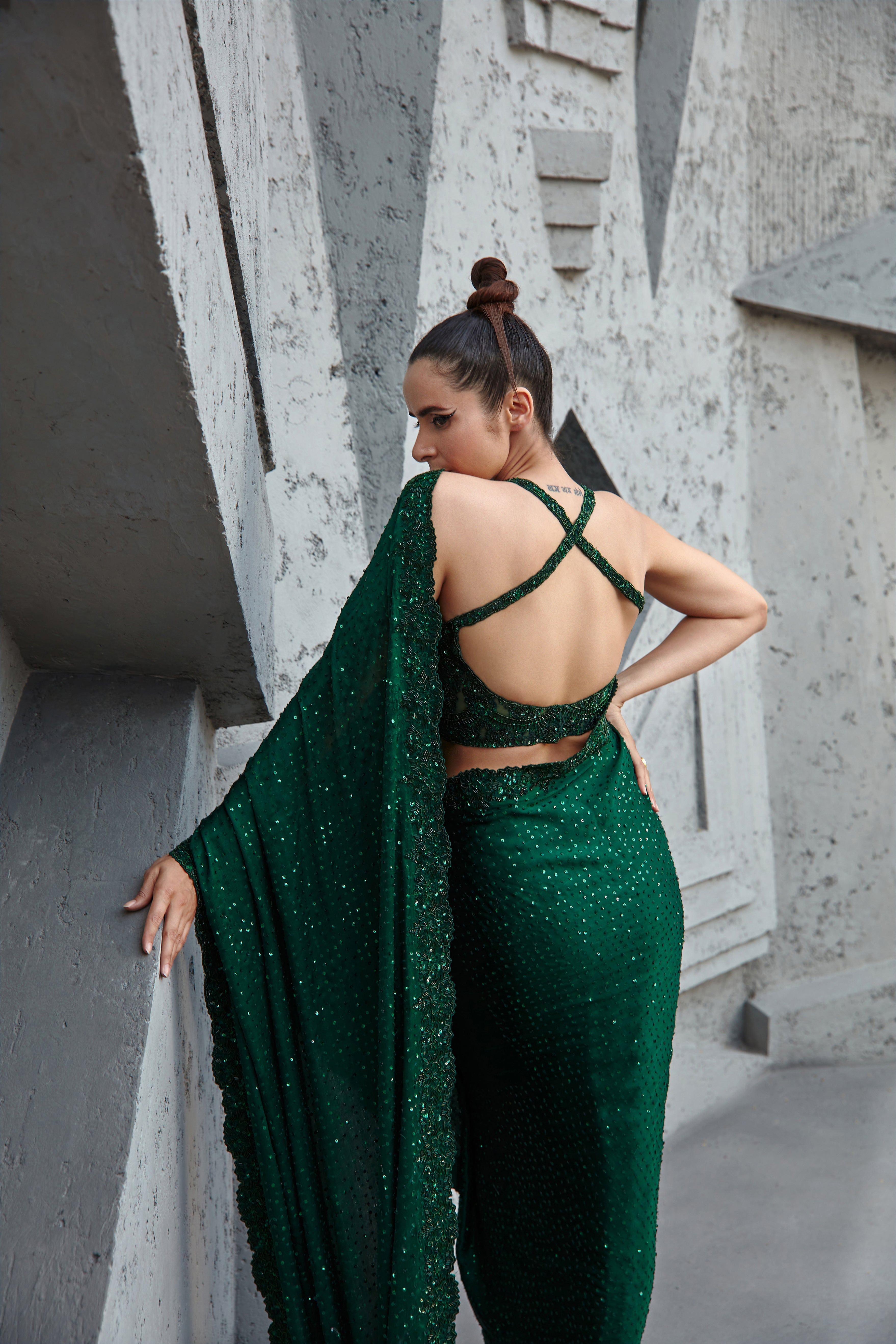 Jigar Mali - Forest Green Cocktail Saree Set