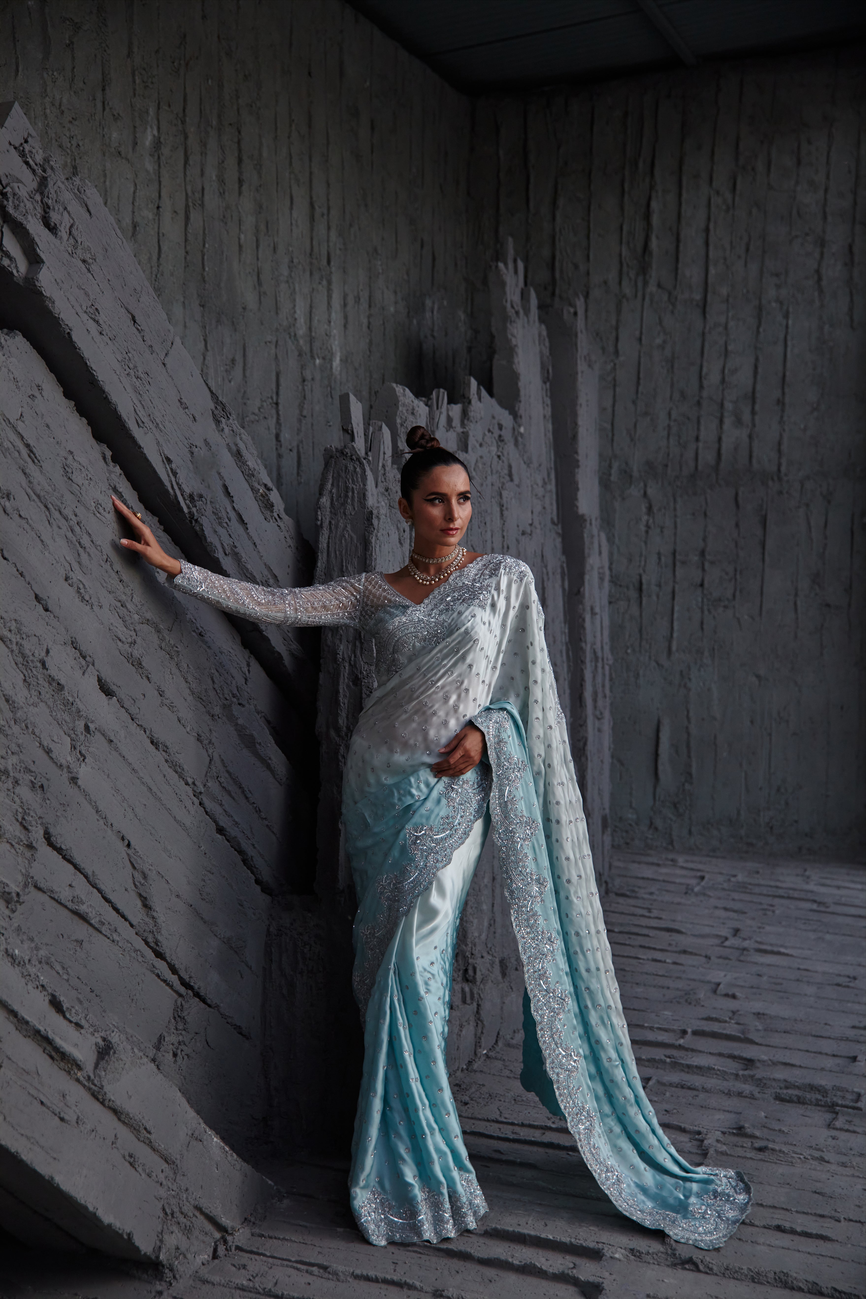 Jigar Mali - Ice Blue Ombre Saree Set