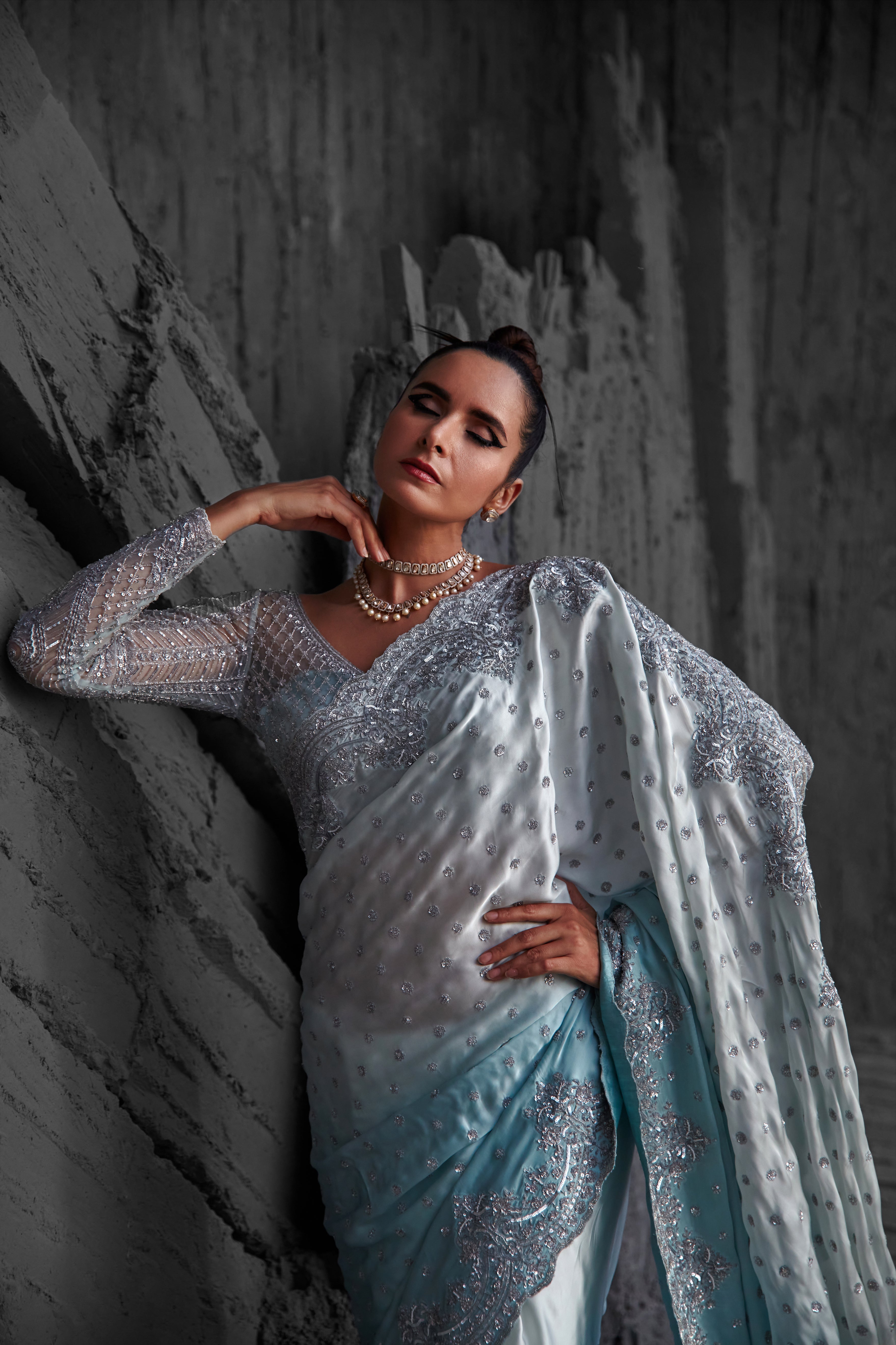 Jigar Mali - Ice Blue Ombre Saree Set