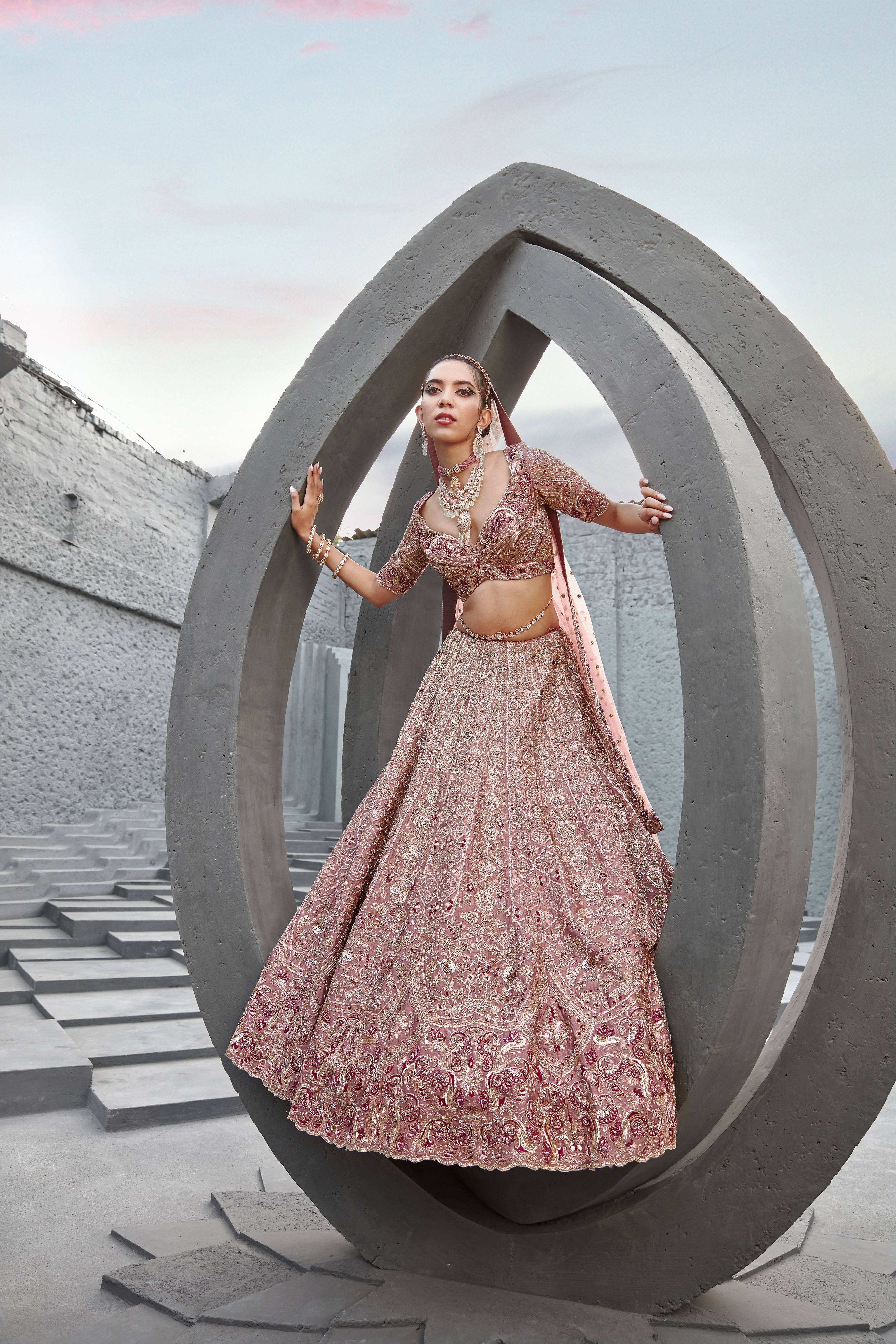 Jigar Mali - Aurora Pink Wine Heavy Bridal Set