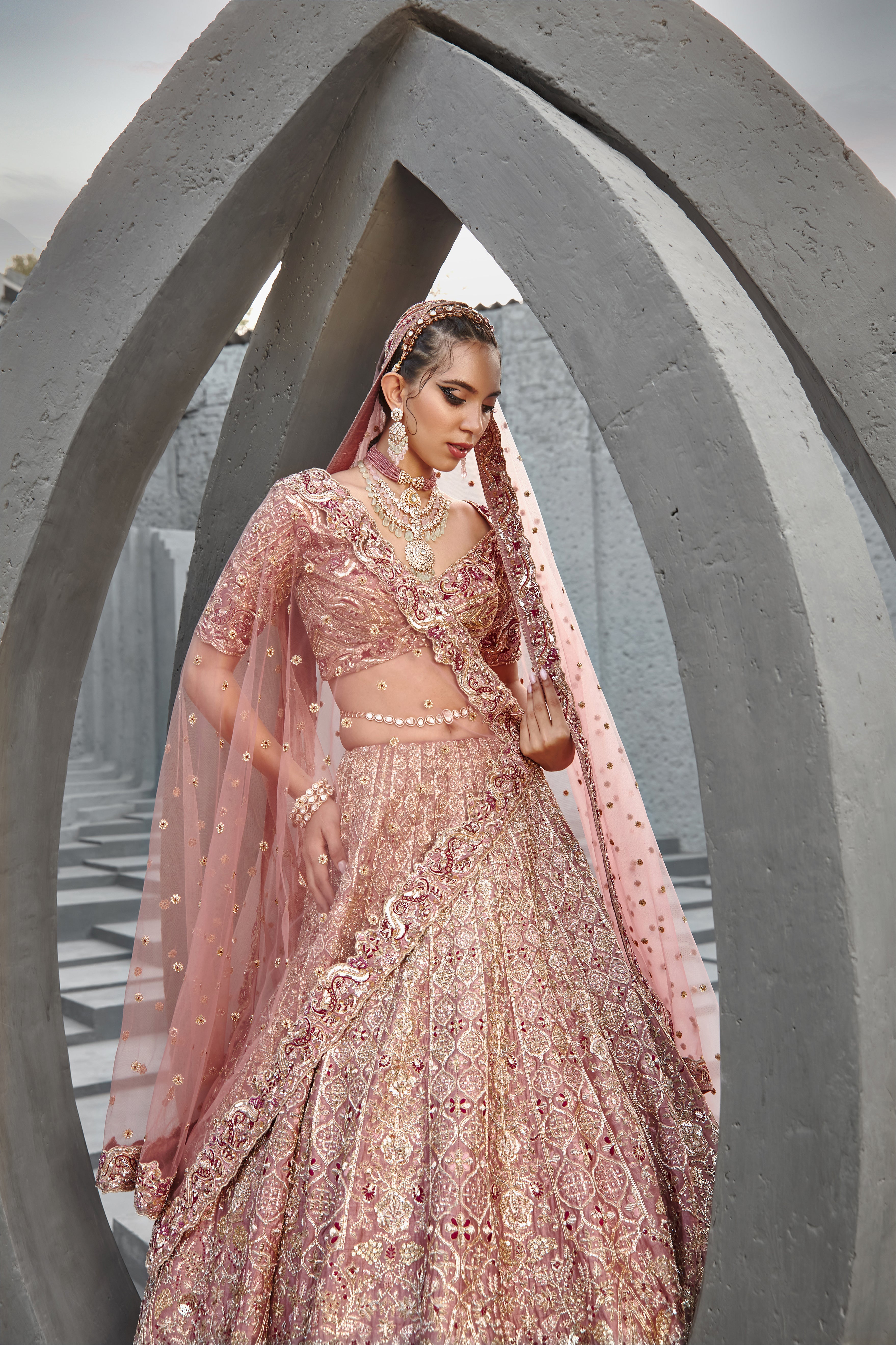 Jigar Mali - Aurora Pink Wine Heavy Bridal Set