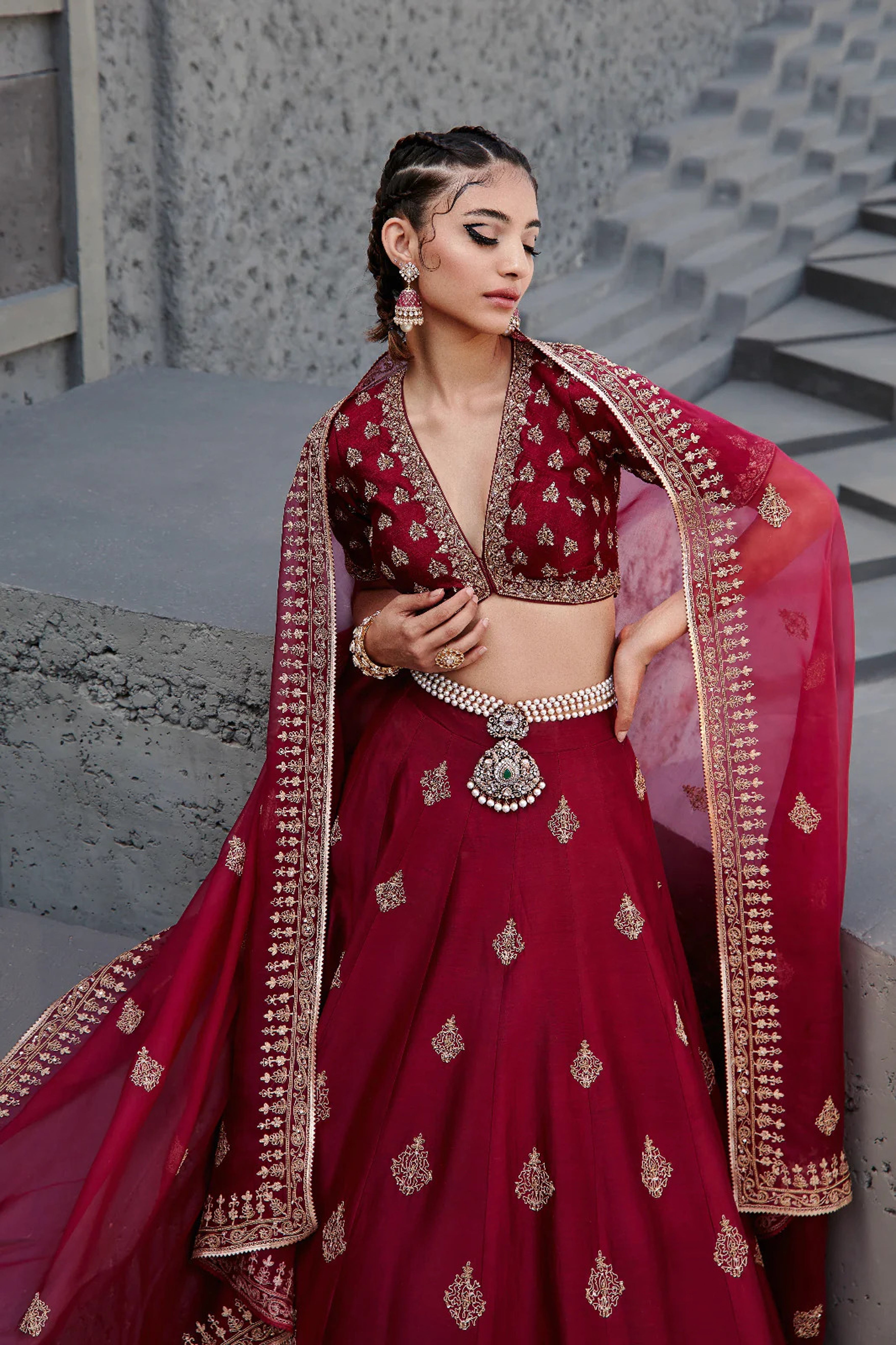 Jigar Mali - Mahogany Wine Lehenga Set