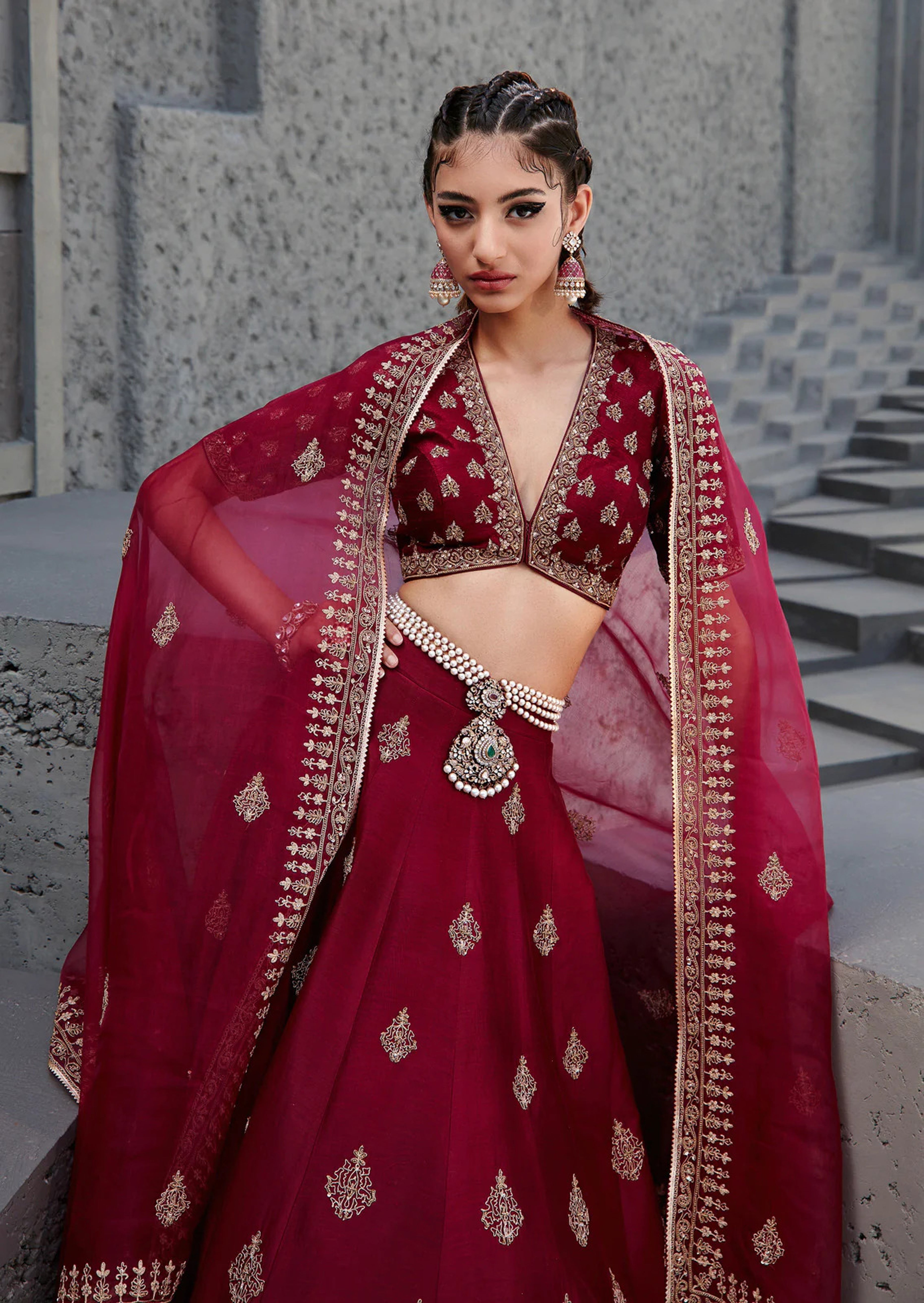 Jigar Mali - Mahogany Wine Lehenga Set