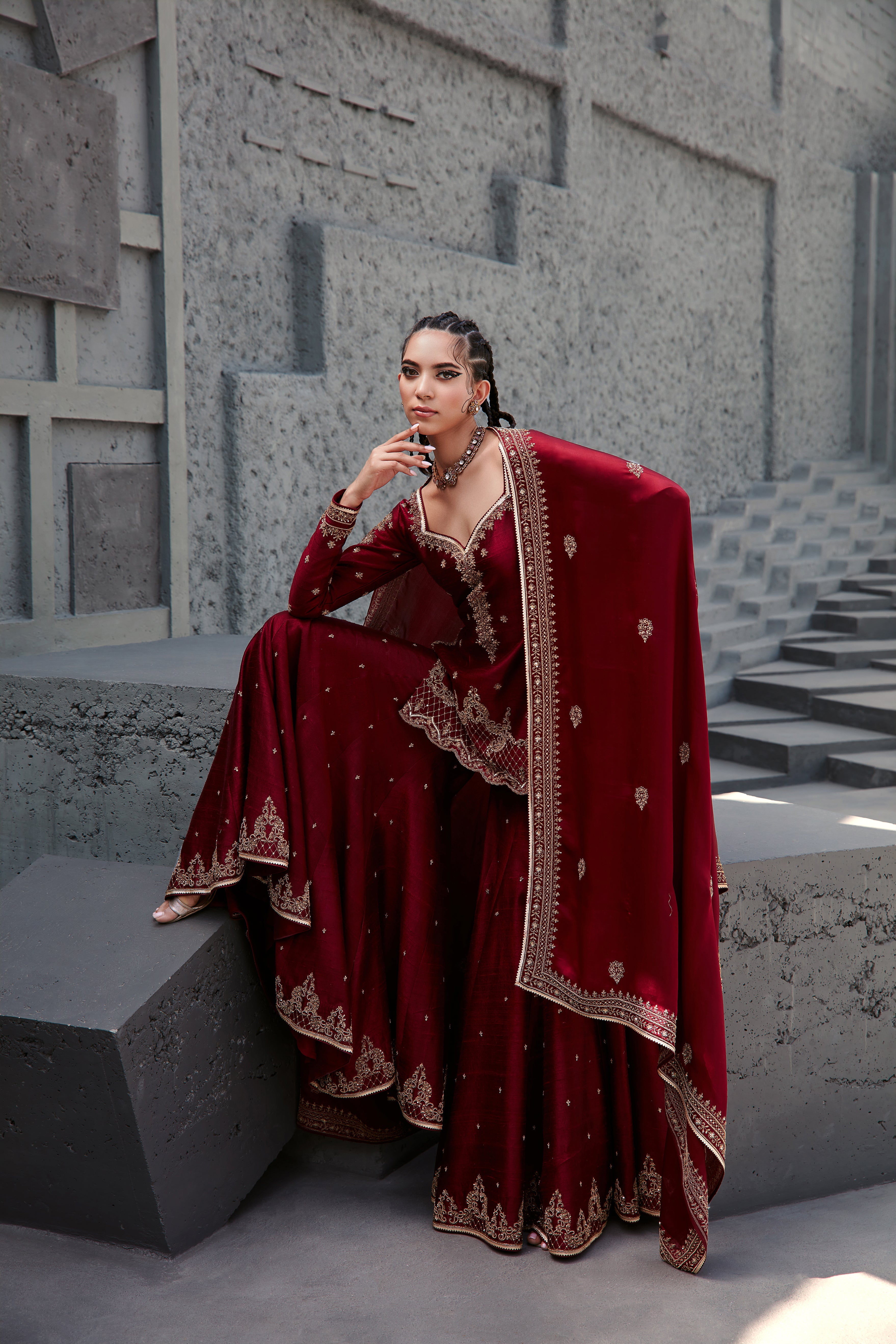 Jigar Mali - Mahogany Wine Flared Sharara Set