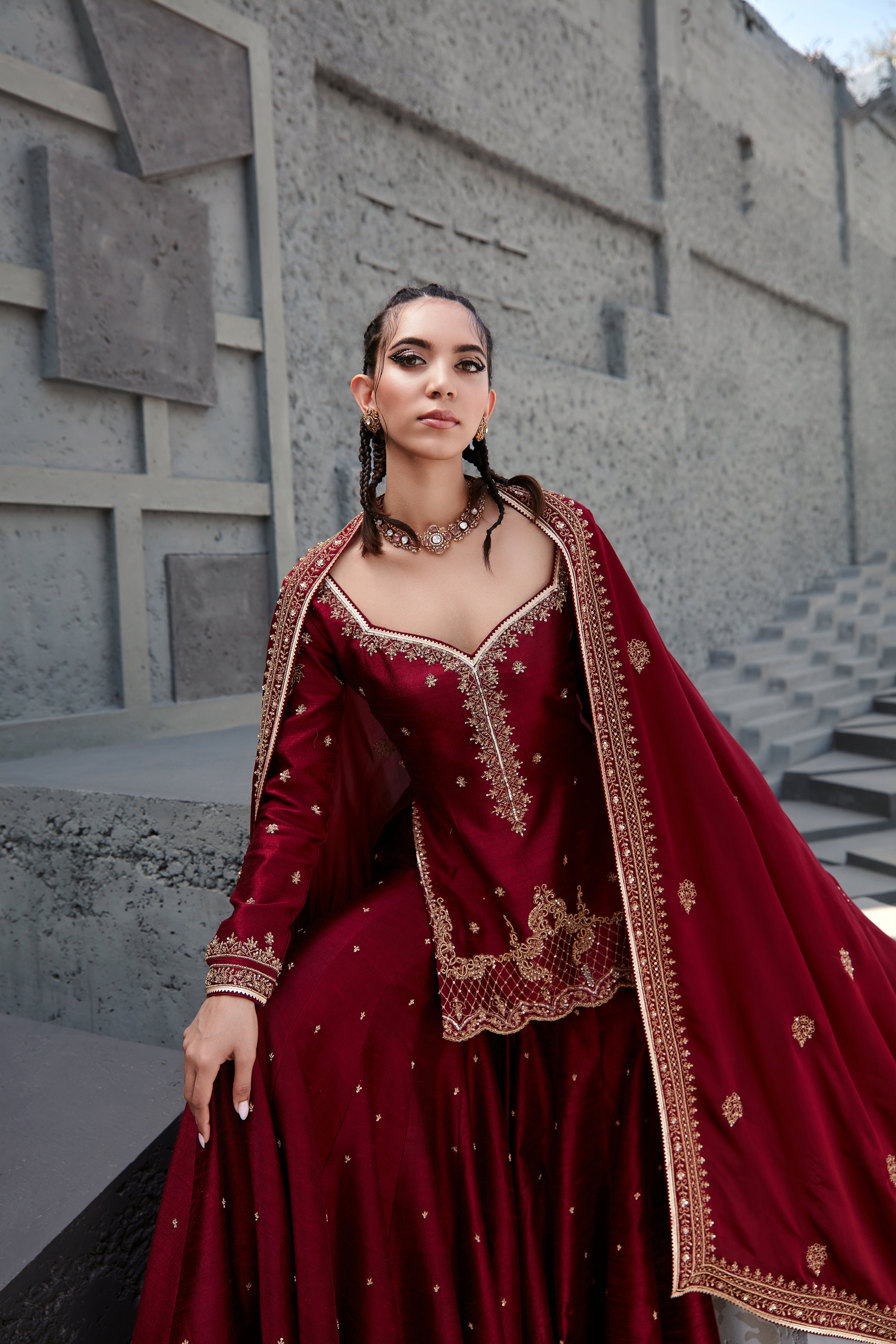 Jigar Mali - Mahogany Wine Flared Sharara Set