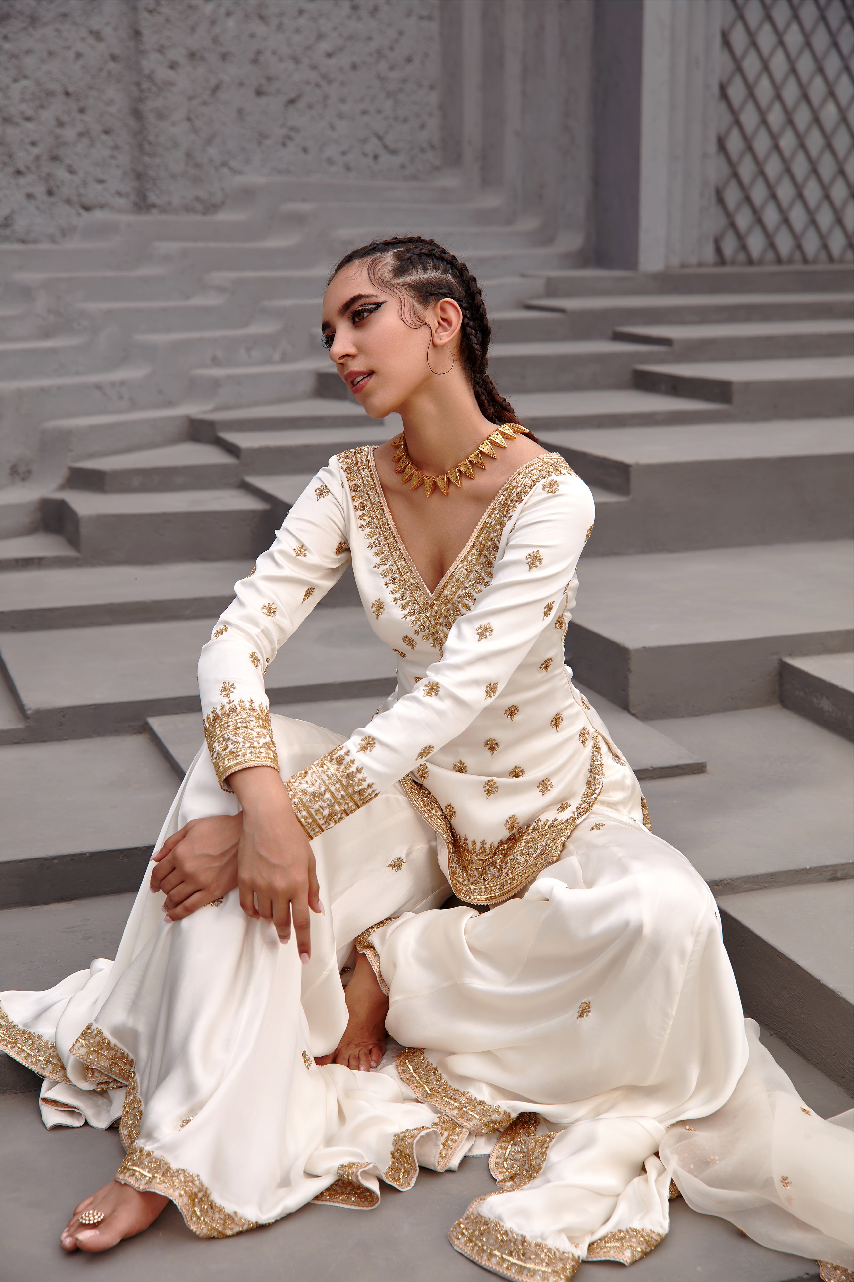 Jigar Mali - Pearl White Flared Sharara Set