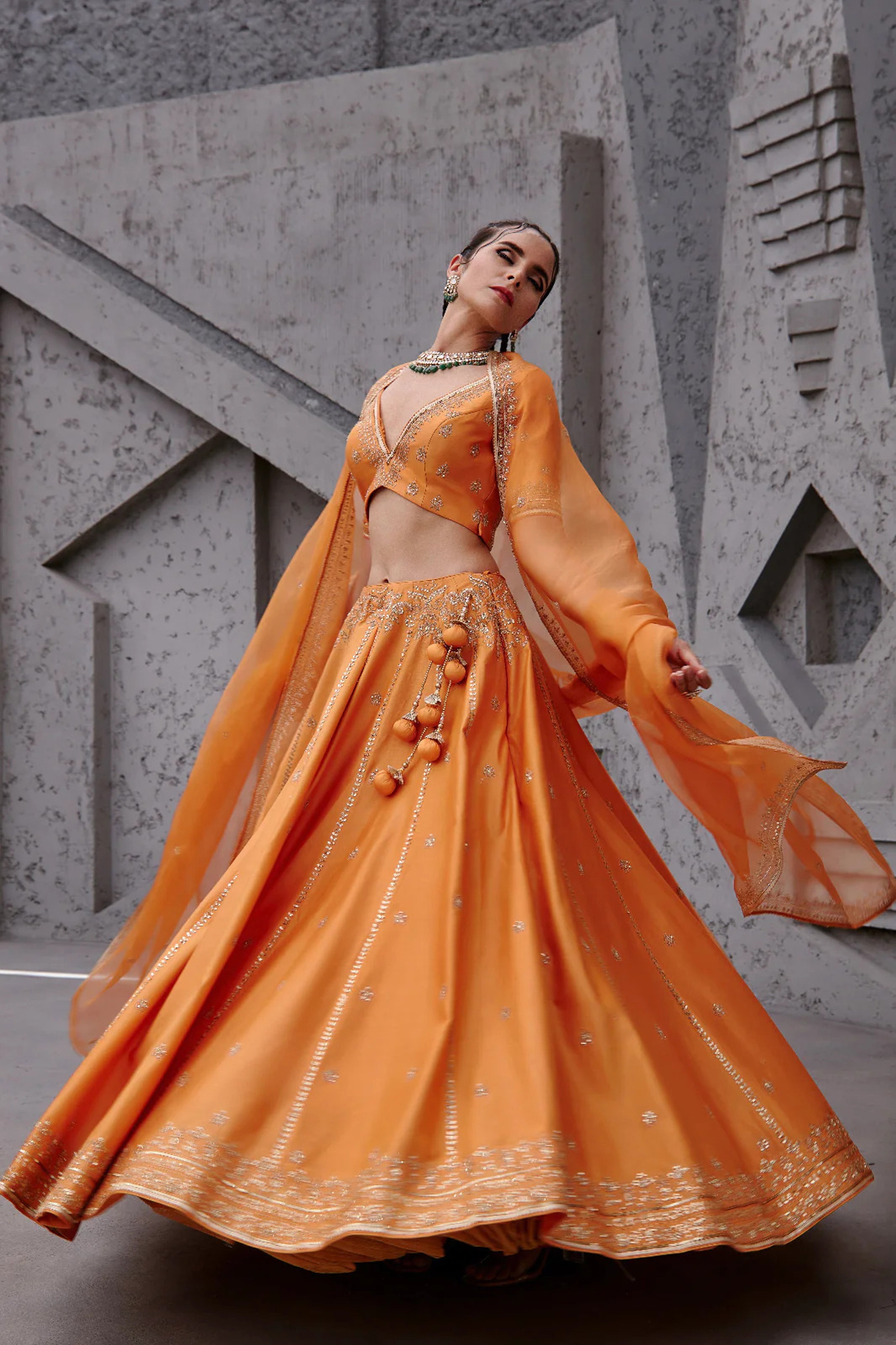 Jigar Mali - Tangerine Floral Embroidered Lehenga Set