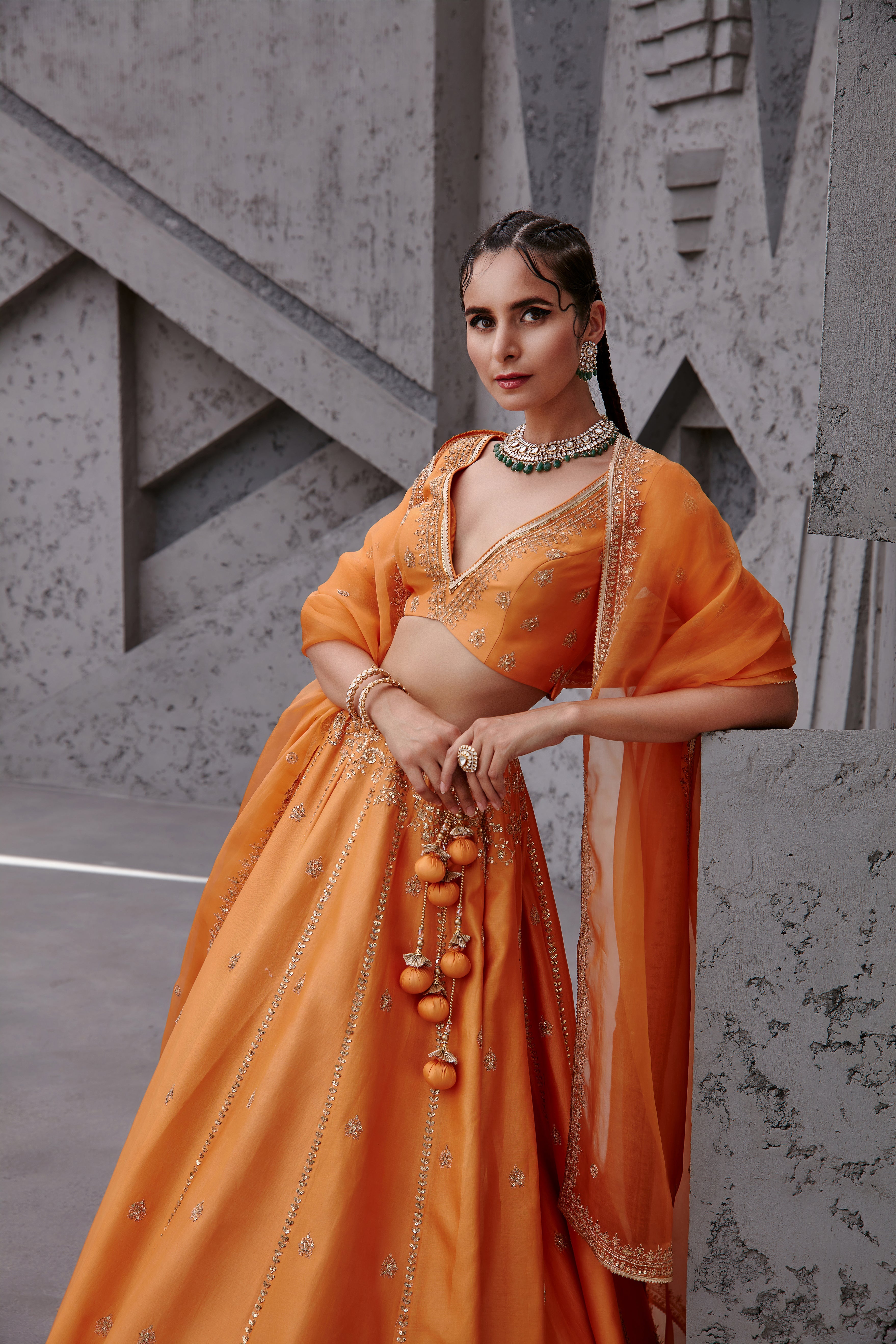 Jigar Mali - Tangerine Floral Embroidered Lehenga Set