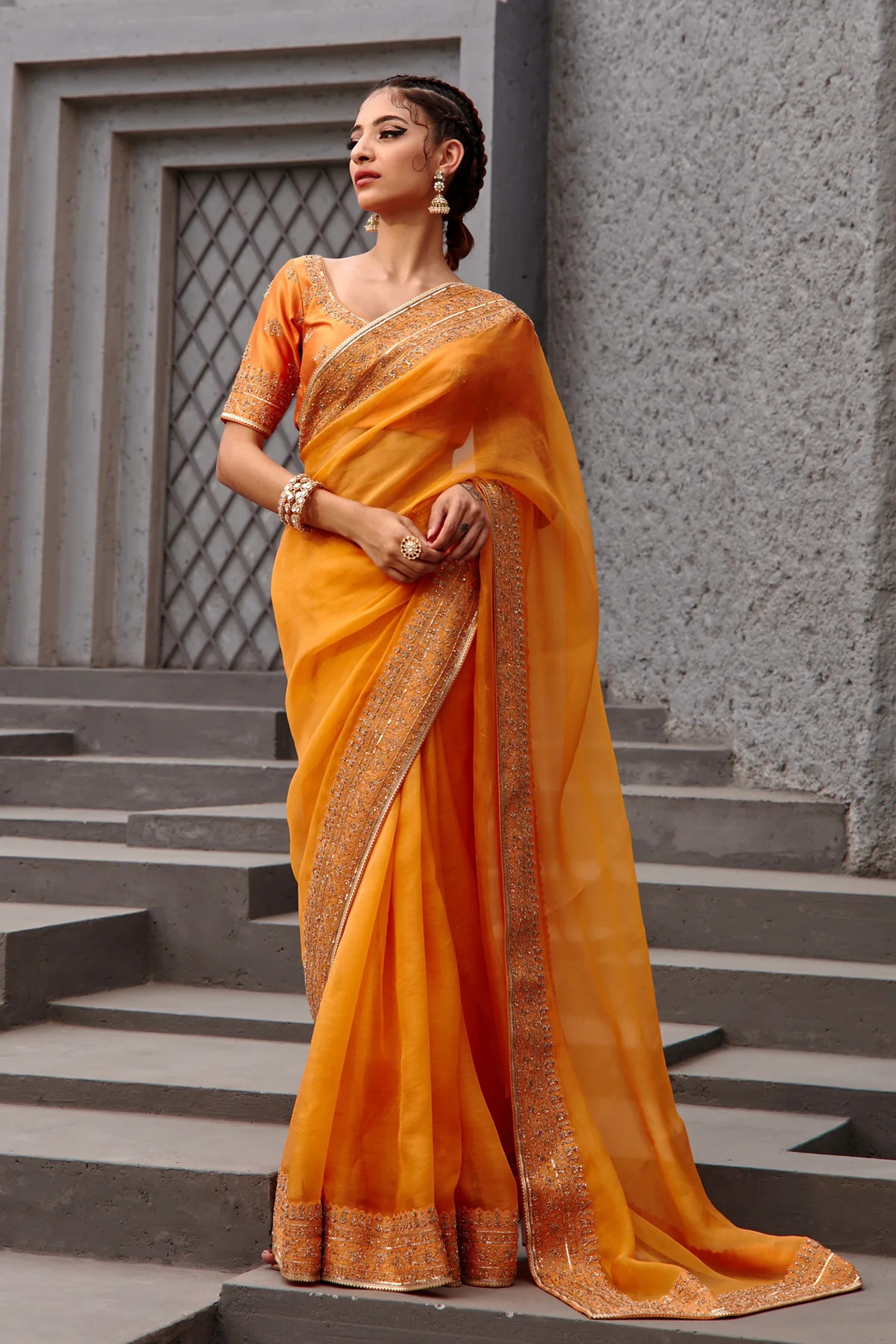 Jigar Mali - Embroidered Tangerine Saree Set