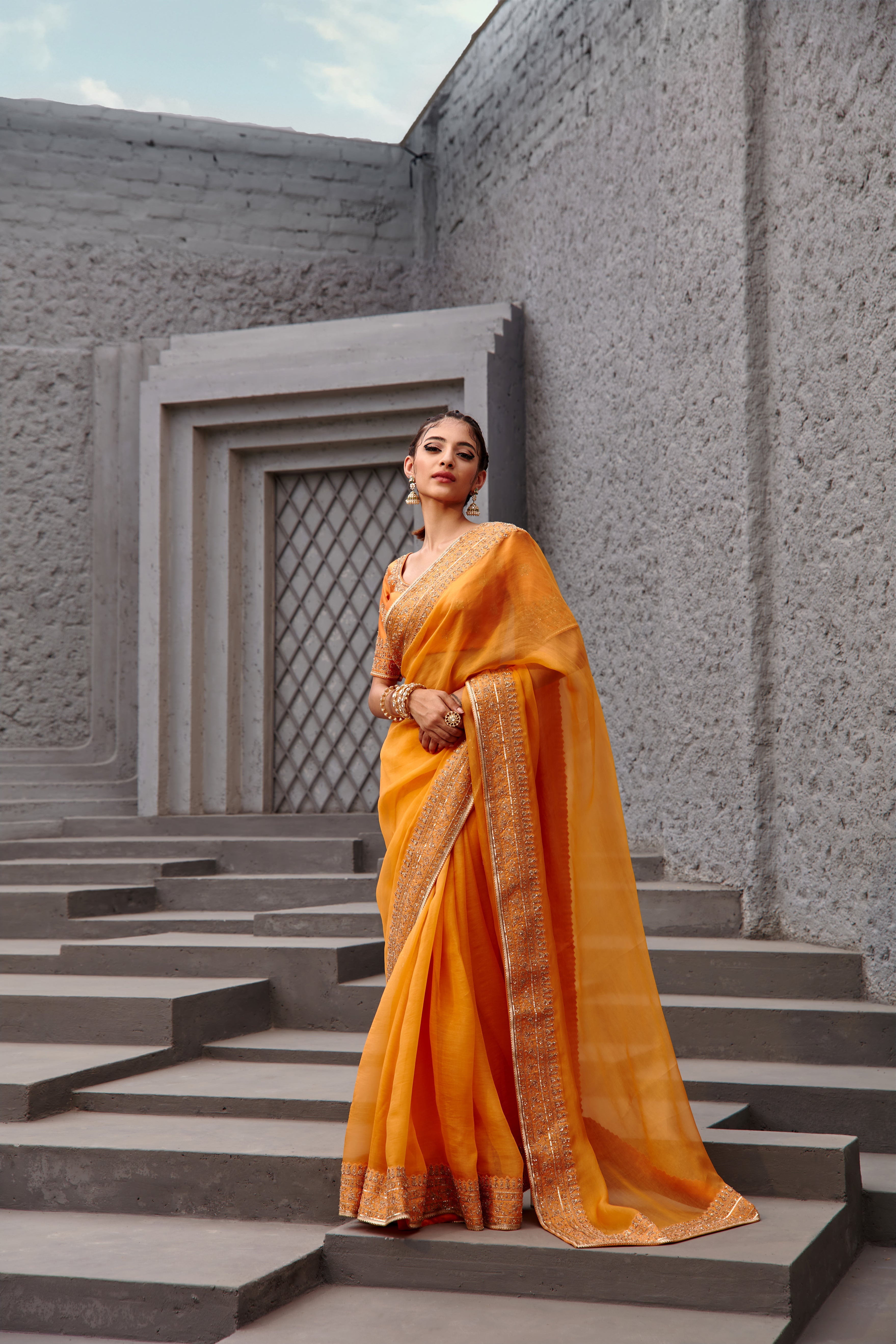 Jigar Mali - Embroidered Tangerine Saree Set