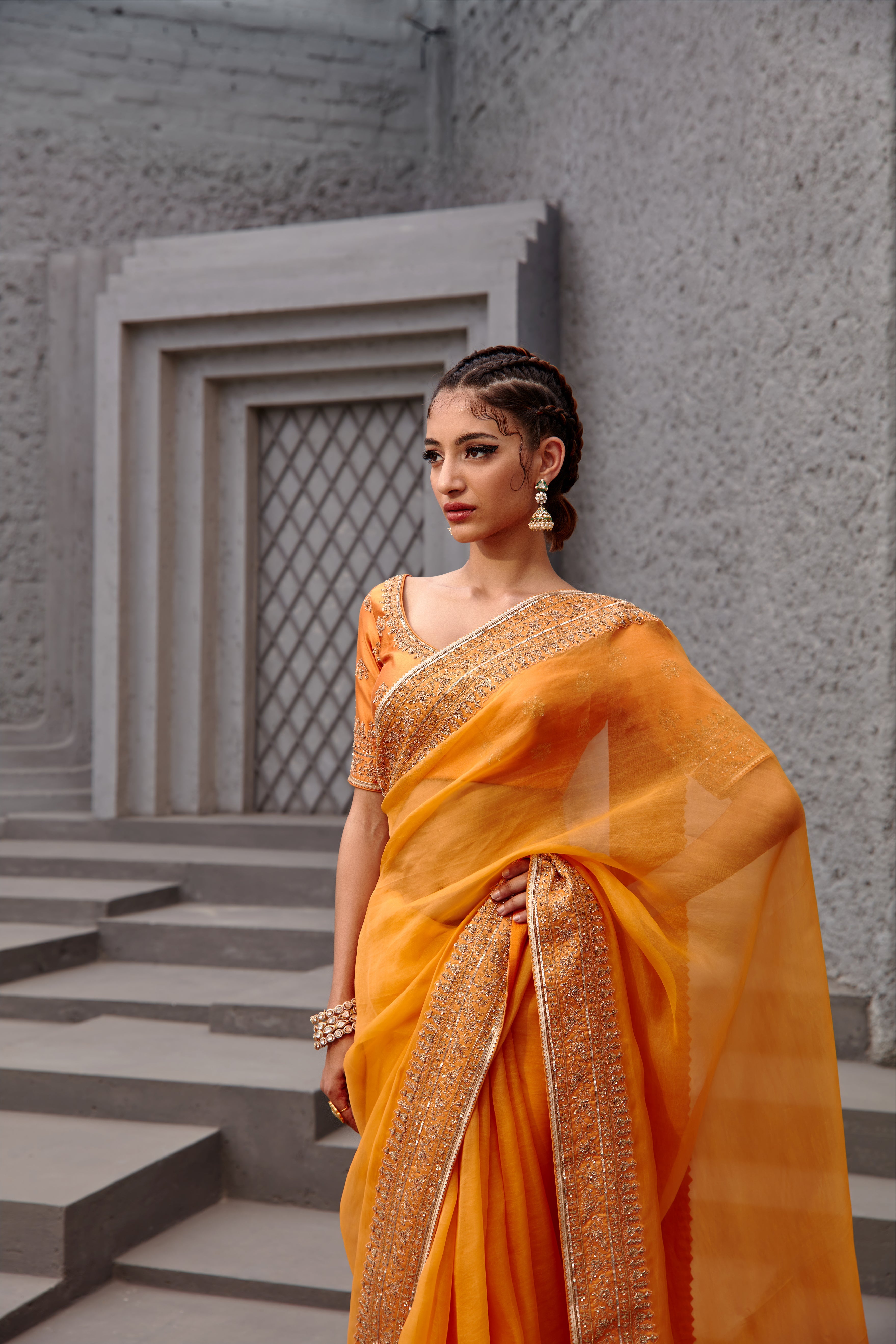 Jigar Mali - Embroidered Tangerine Saree Set