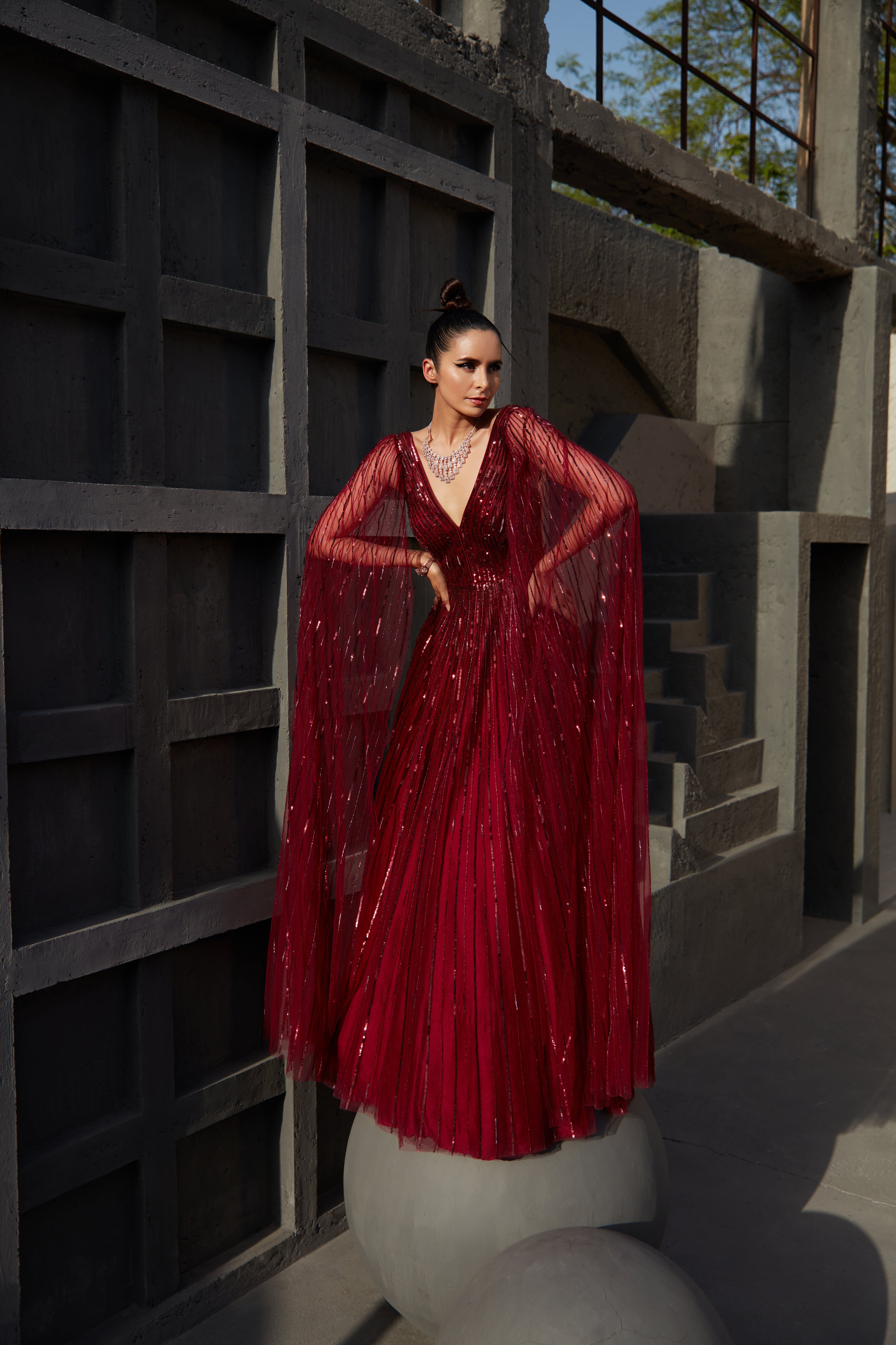 Jigar Mali - Wine Sequins Embroidered Gown