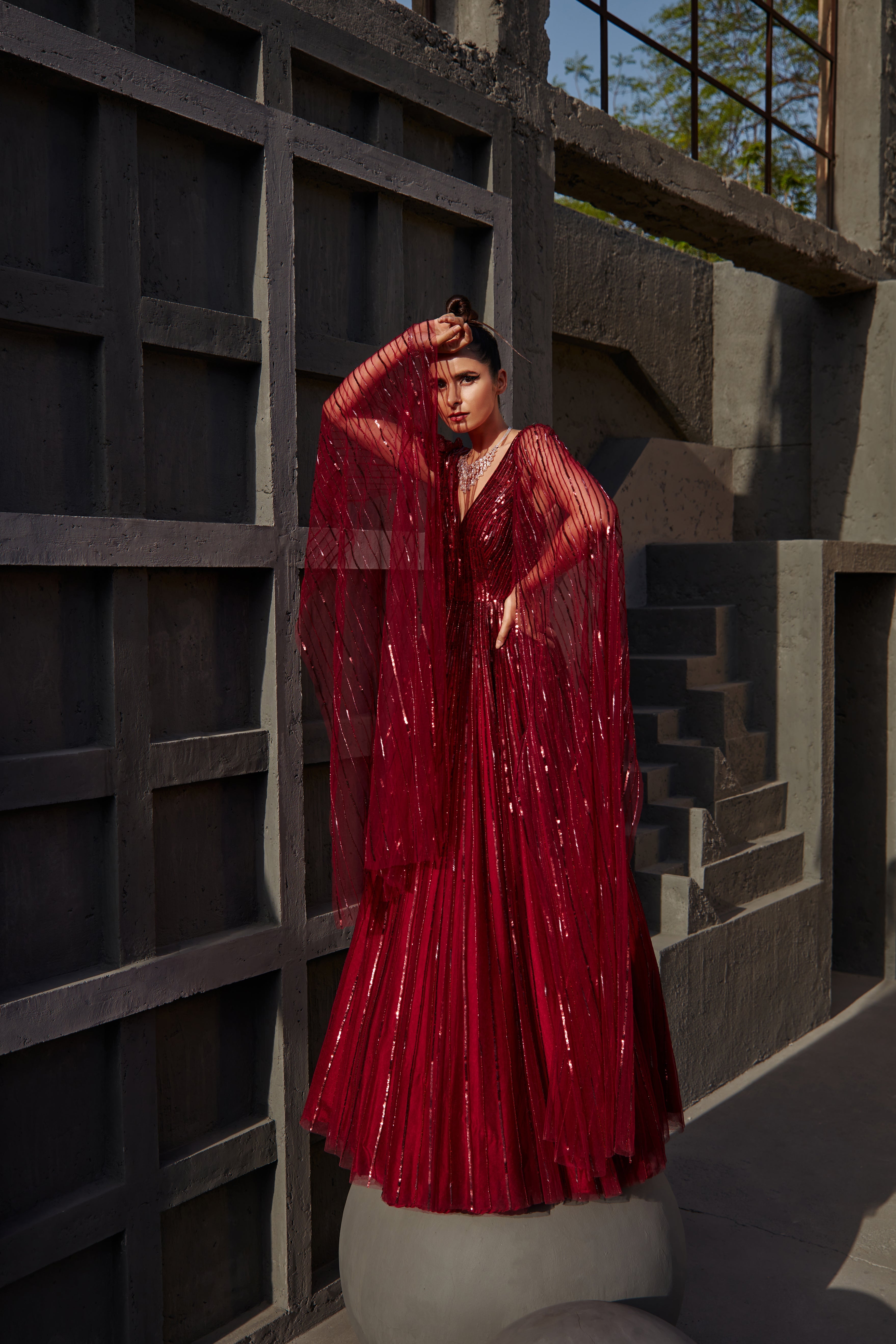 Jigar Mali - Wine Sequins Embroidered Gown