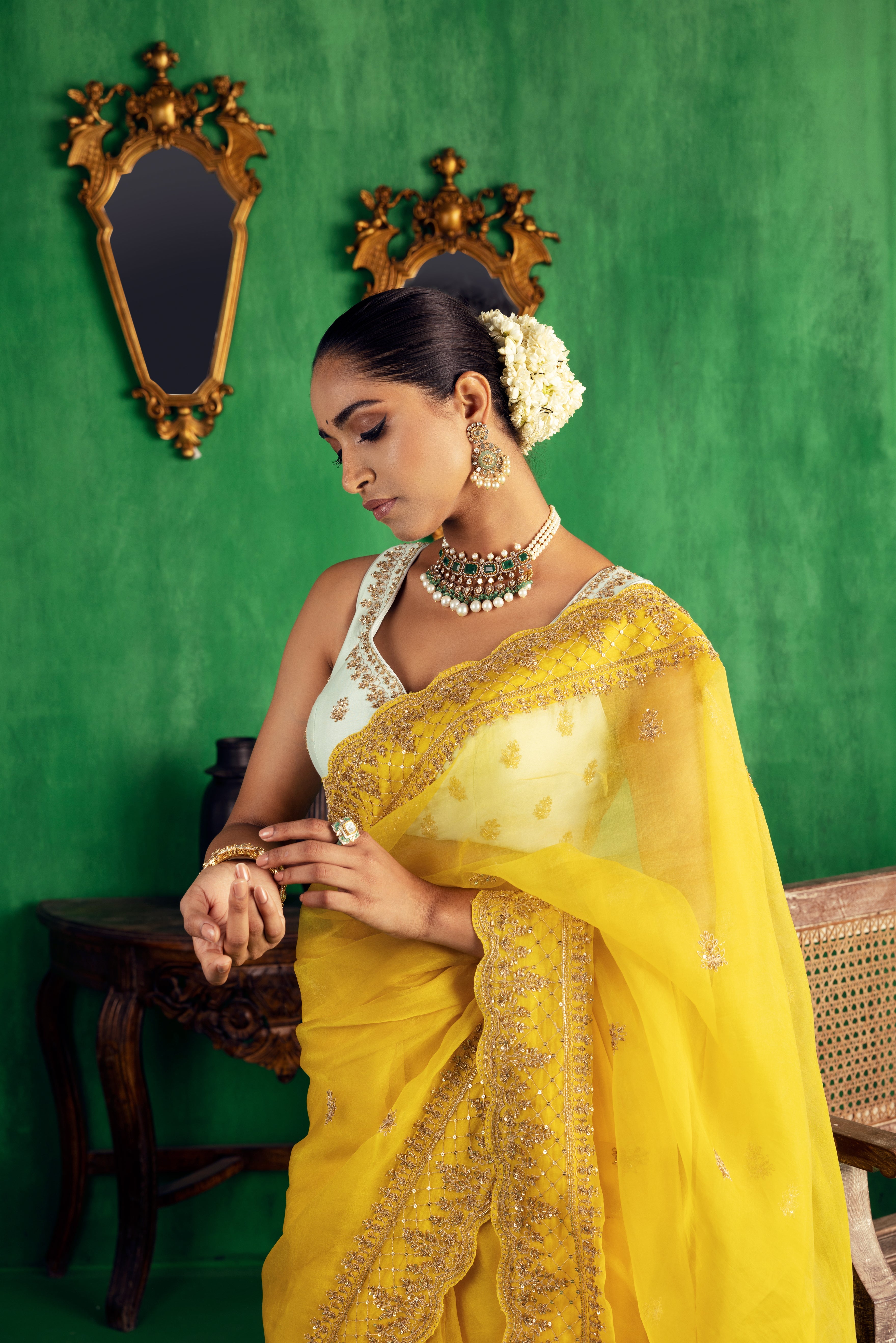 Jigar Mali - Yellow Aqua Saree Set